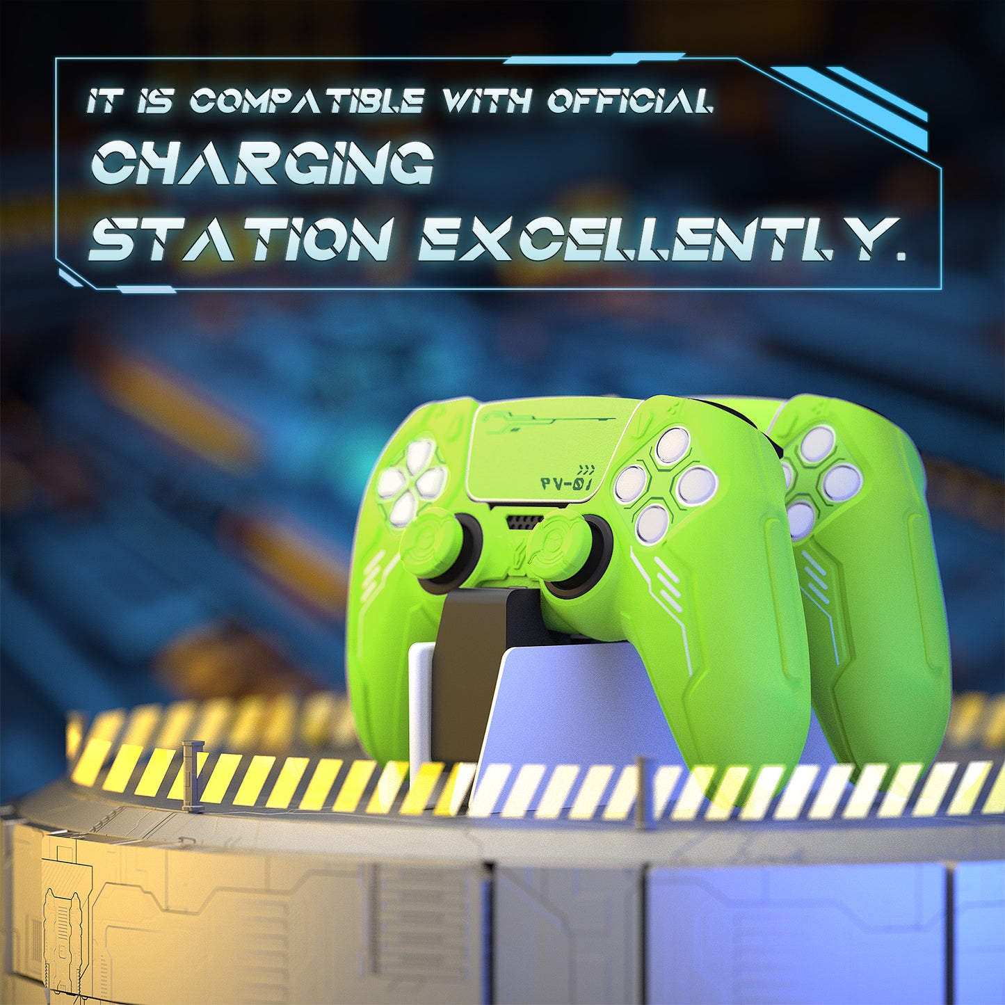 PlayVital Mecha Edition シリコンカバー with 2 ジョイスティックキャップと 6 ステッカー for PS5 コントローラー - 充電ステーション対応【ネオングリーン】
