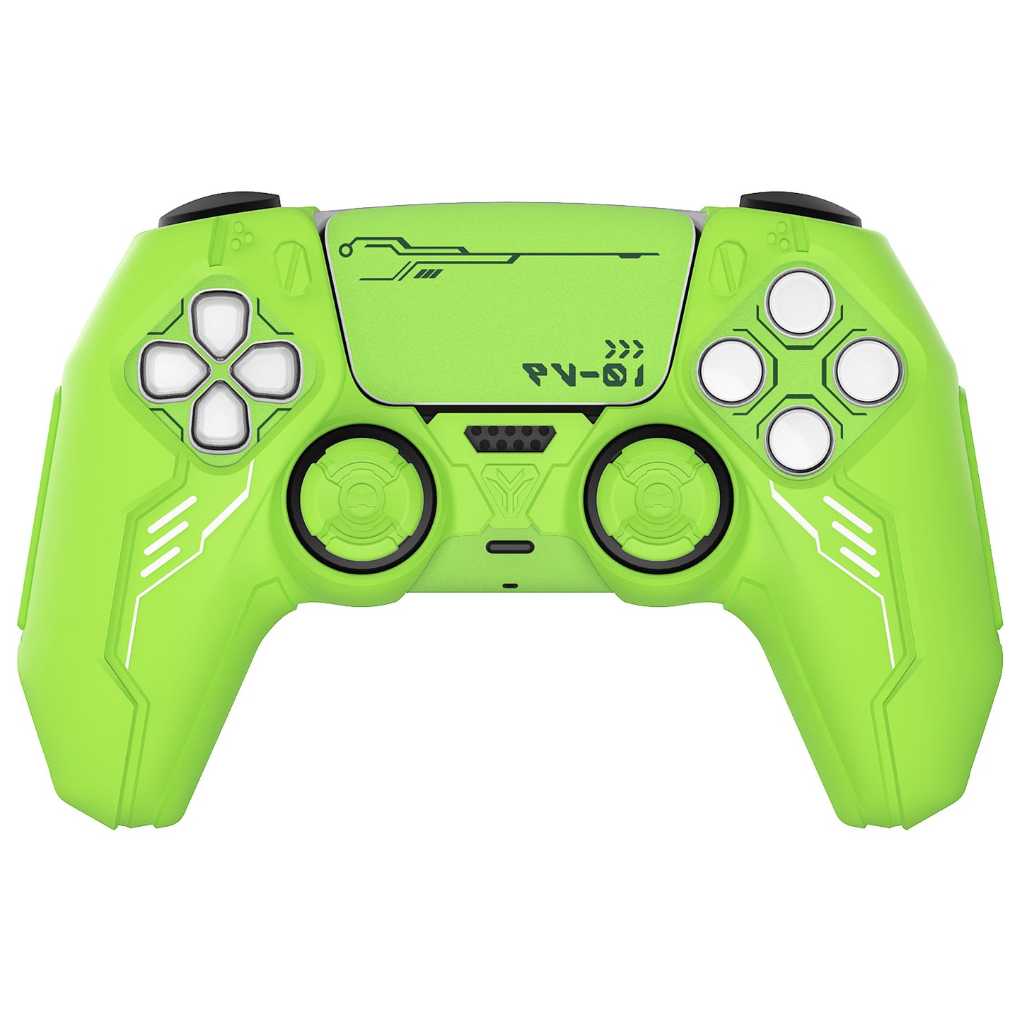 PlayVital Mecha Edition シリコンカバー with 2 ジョイスティックキャップと 6 ステッカー for PS5 コントローラー - 充電ステーション対応【ネオングリーン】