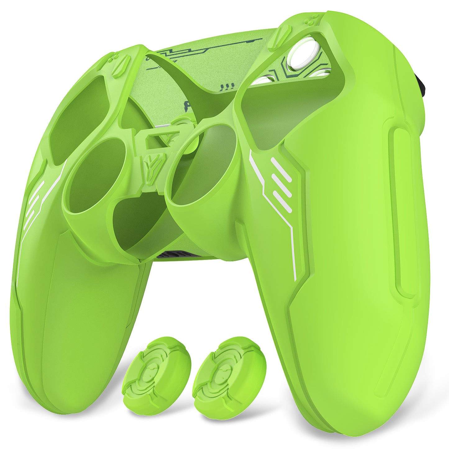 PlayVital Mecha Edition シリコンカバー with 2 ジョイスティックキャップと 6 ステッカー for PS5 コントローラー - 充電ステーション対応【ネオングリーン】