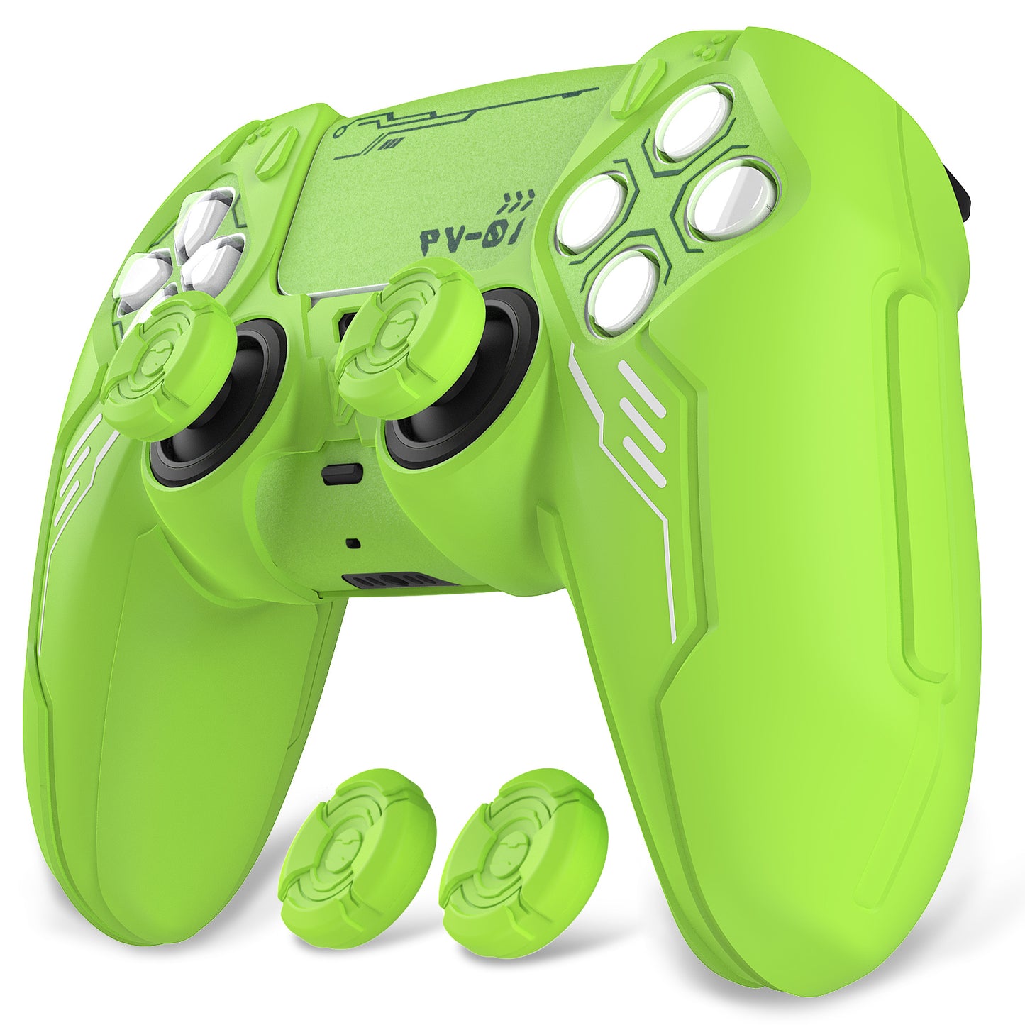 PlayVital Mecha Edition シリコンカバー with 2 ジョイスティックキャップと 6 ステッカー for PS5 コントローラー - 充電ステーション対応【ネオングリーン】