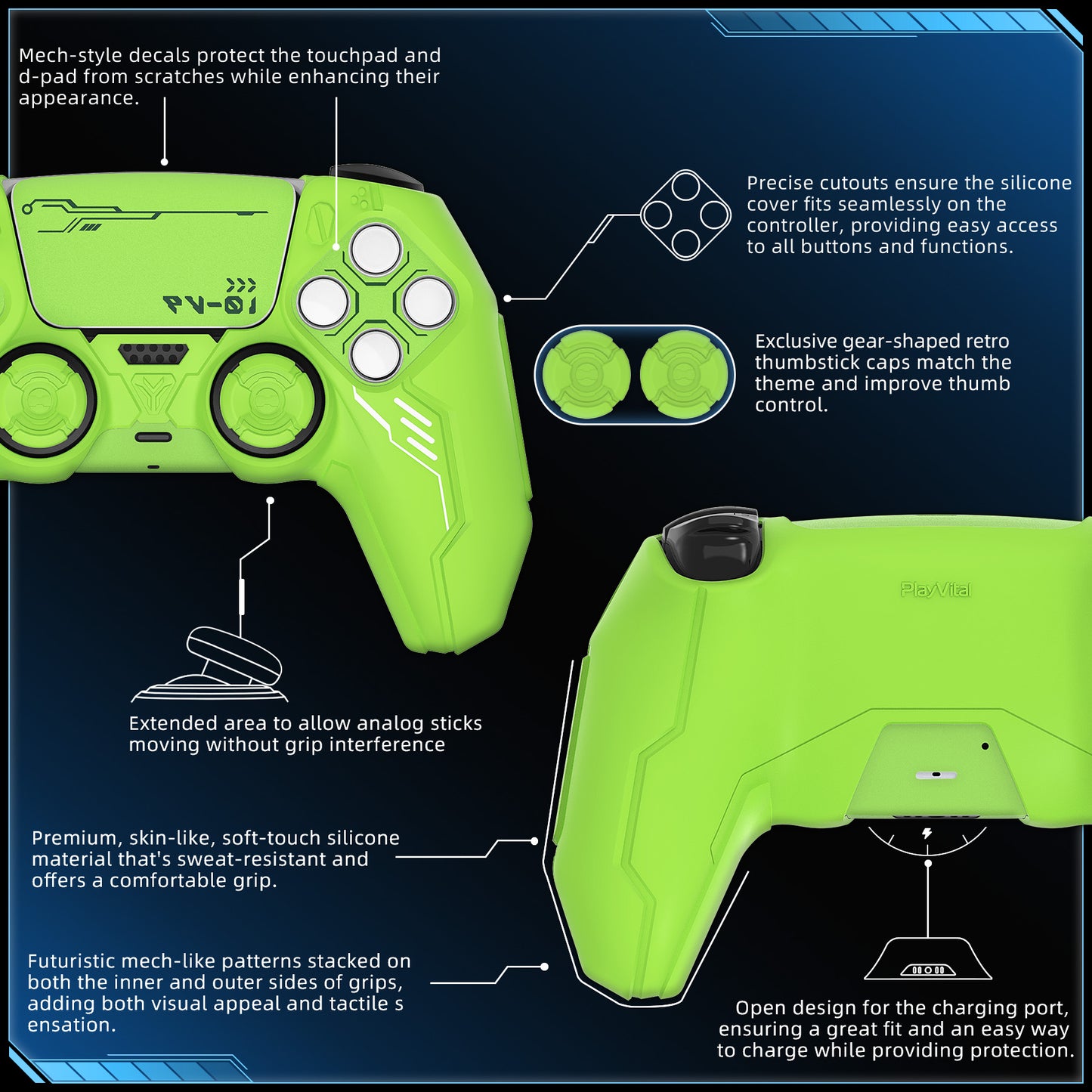 PlayVital Mecha Edition シリコンカバー with 2 ジョイスティックキャップと 6 ステッカー for PS5 コントローラー - 充電ステーション対応【ネオングリーン】