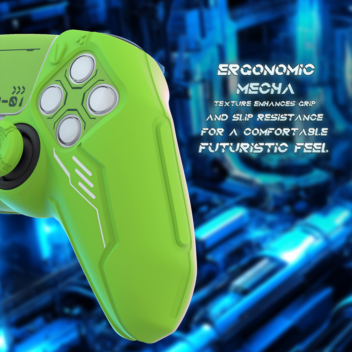 PlayVital Mecha Edition シリコンカバー with 2 ジョイスティックキャップと 6 ステッカー for PS5 コントローラー - 充電ステーション対応【ネオングリーン】