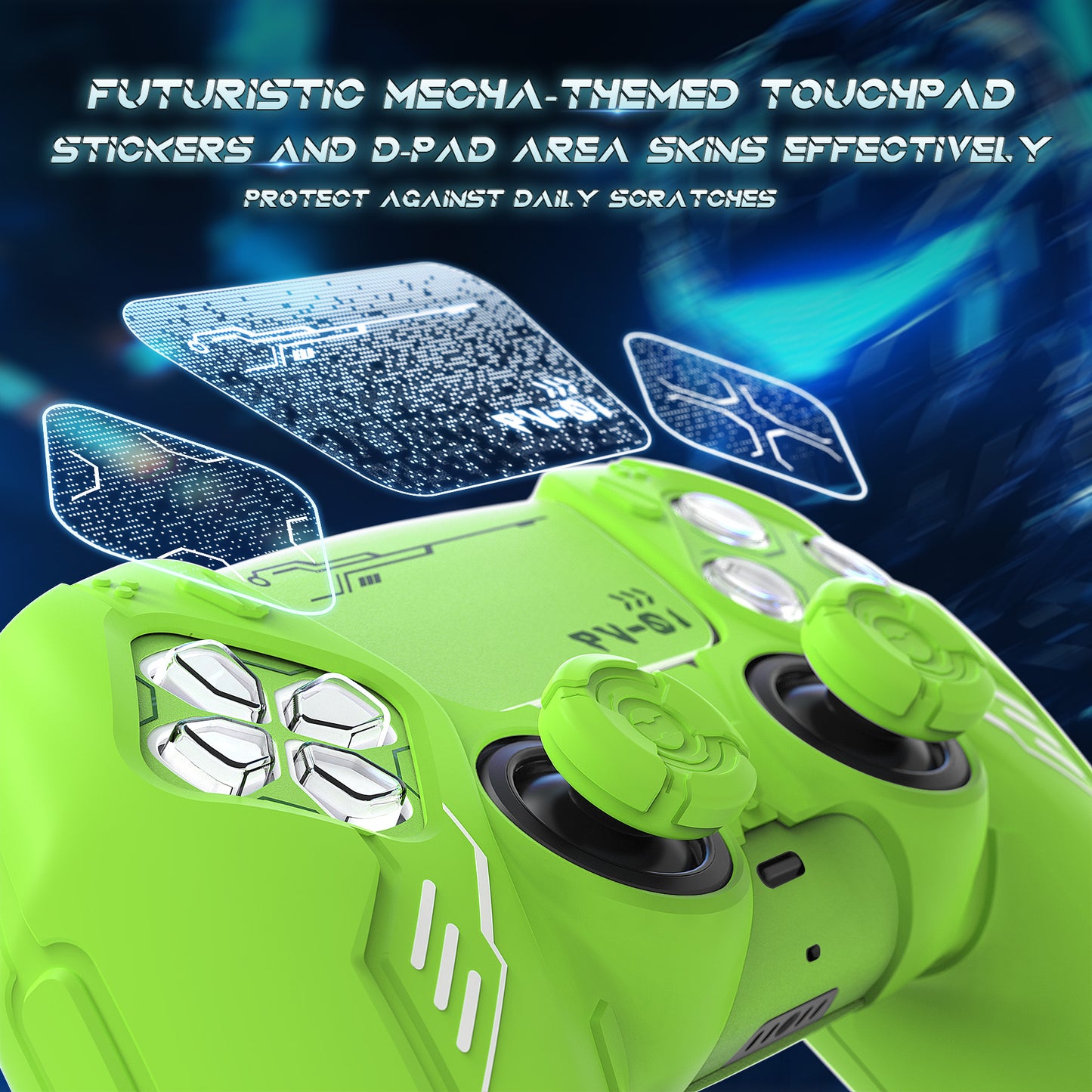 PlayVital Mecha Edition シリコンカバー with 2 ジョイスティックキャップと 6 ステッカー for PS5 コントローラー - 充電ステーション対応【ネオングリーン】