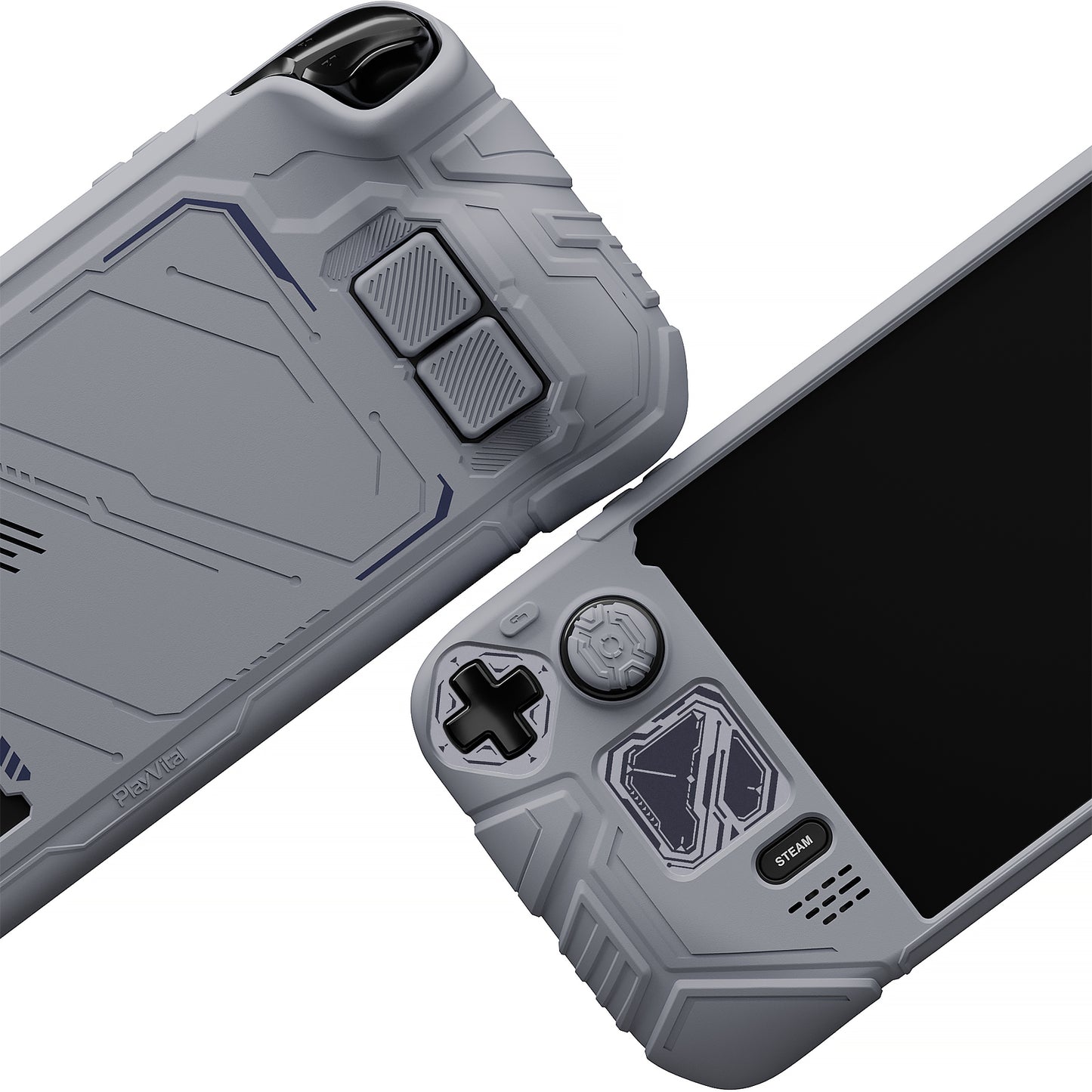 PlayVital Steam Deck OLED&LCD 向け メカ風保護ケース バックボタン強化セット付 サムグリップ&ステッカー付き【グレー】