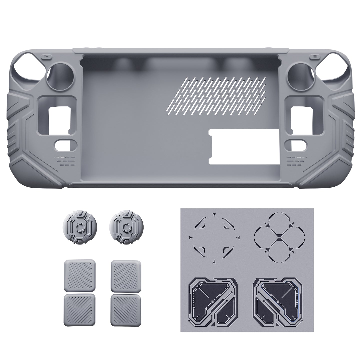 PlayVital Steam Deck OLED&LCD 向け メカ風保護ケース バックボタン強化セット付 サムグリップ&ステッカー付き【グレー】