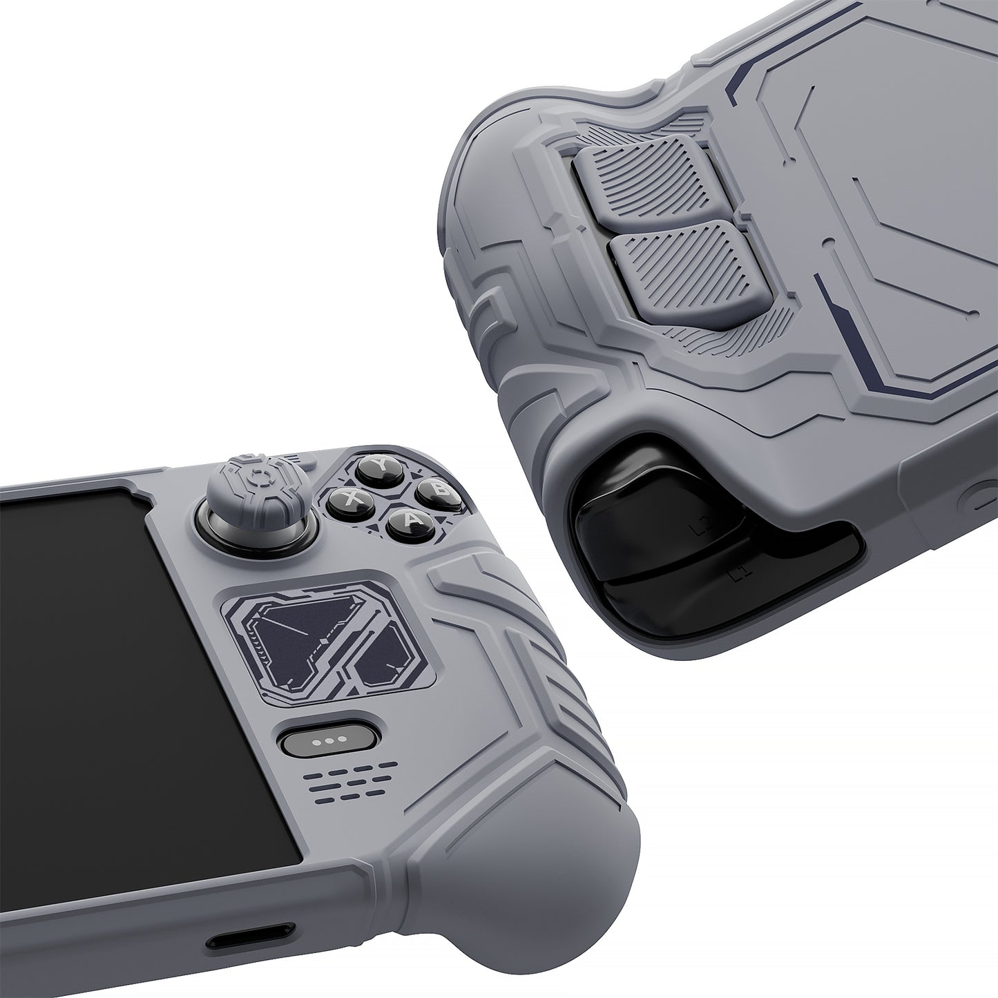 PlayVital Steam Deck OLED&LCD 向け メカ風保護ケース バックボタン強化セット付 サムグリップ&ステッカー付き【グレー】