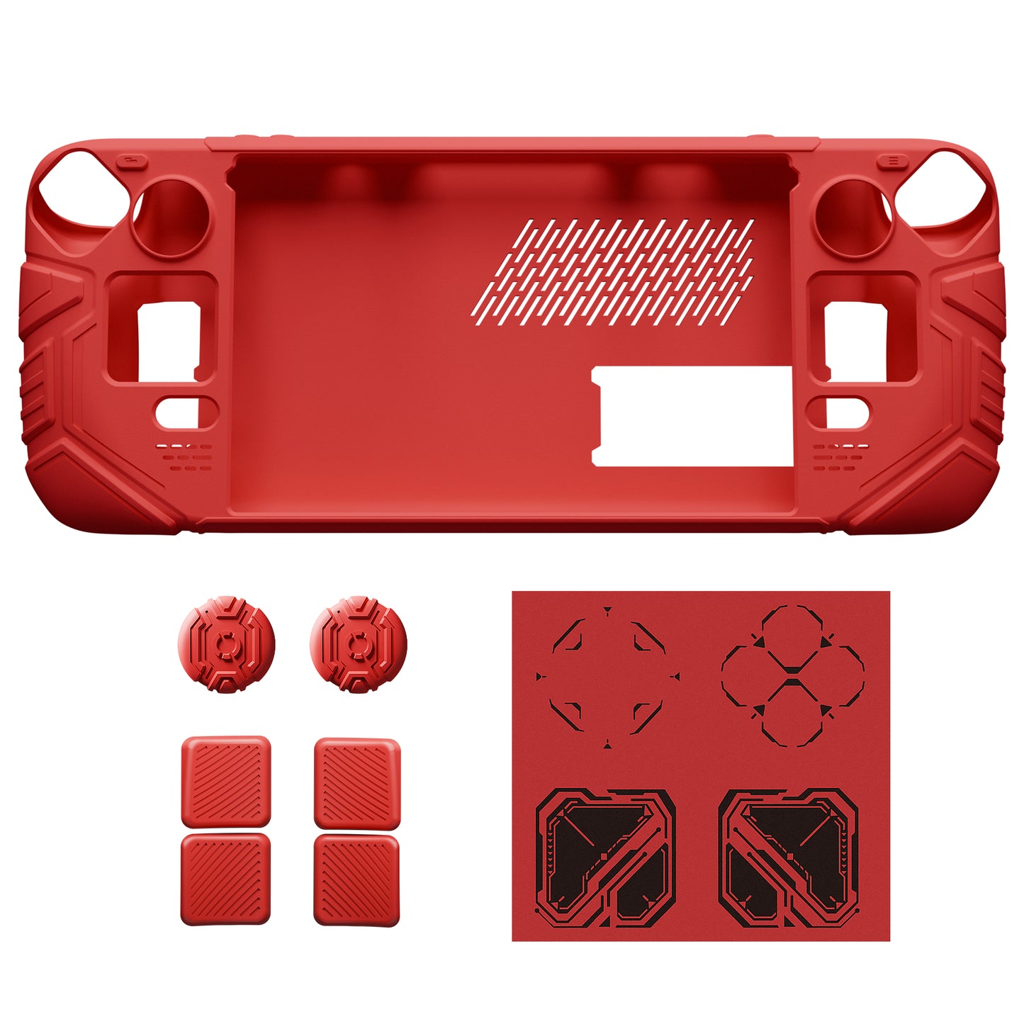 PlayVital Steam Deck OLED&LCD 向け メカ風保護ケース バックボタン強化セット付 サムグリップ&ステッカー付き【レッド】