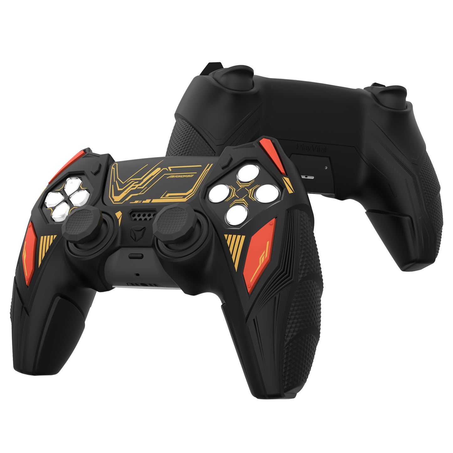 PlayVital メカライノ シリコンカバー PS5用(サムグリップ&ステッカー付き)充電ドック対応【ブラック&コーションレッド】