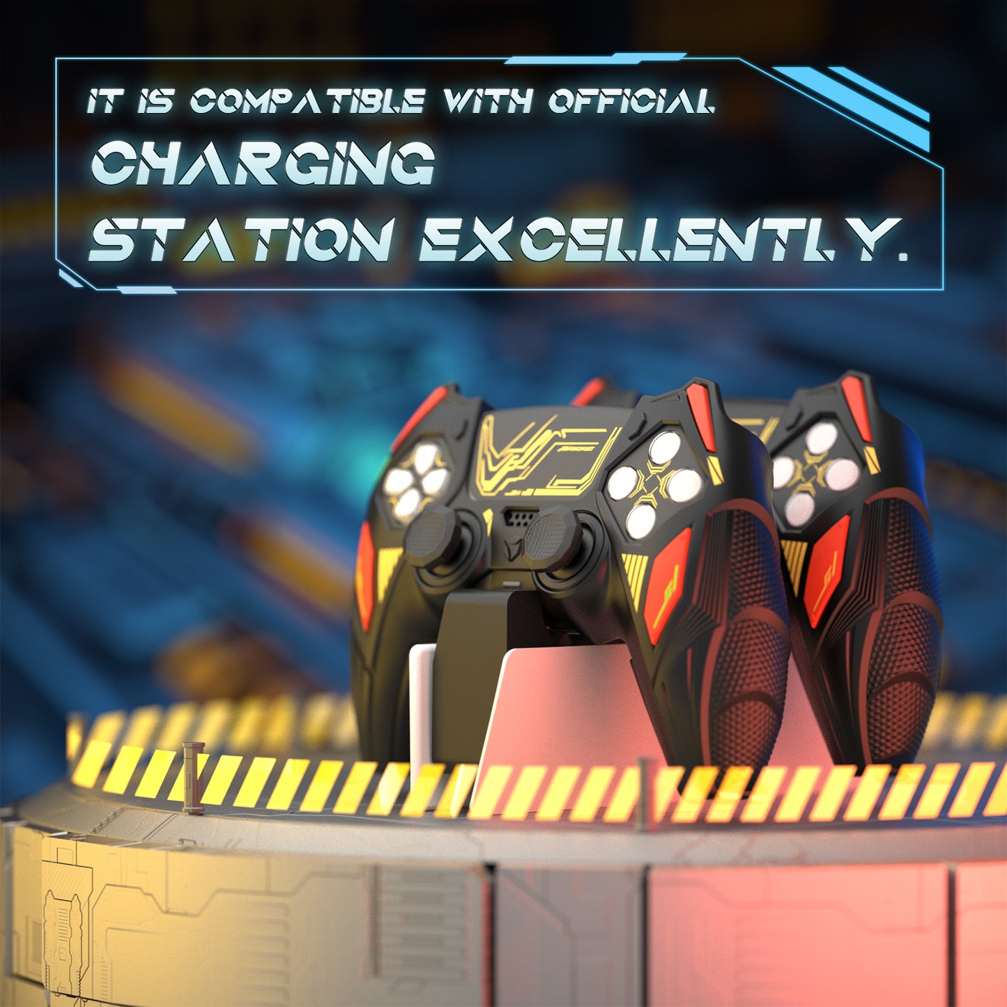 PlayVital メカライノ シリコンカバー PS5用(サムグリップ&ステッカー付き)充電ドック対応【ブラック&コーションレッド】
