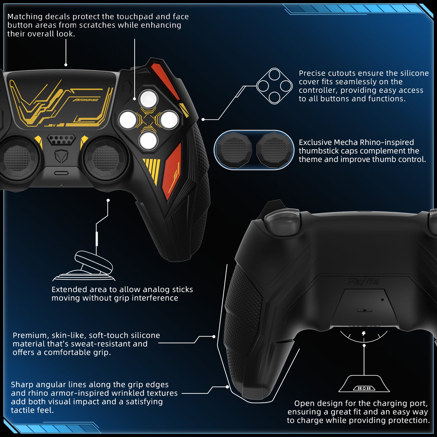 PlayVital メカライノ シリコンカバー PS5用(サムグリップ&ステッカー付き)充電ドック対応【ブラック&コーションレッド】