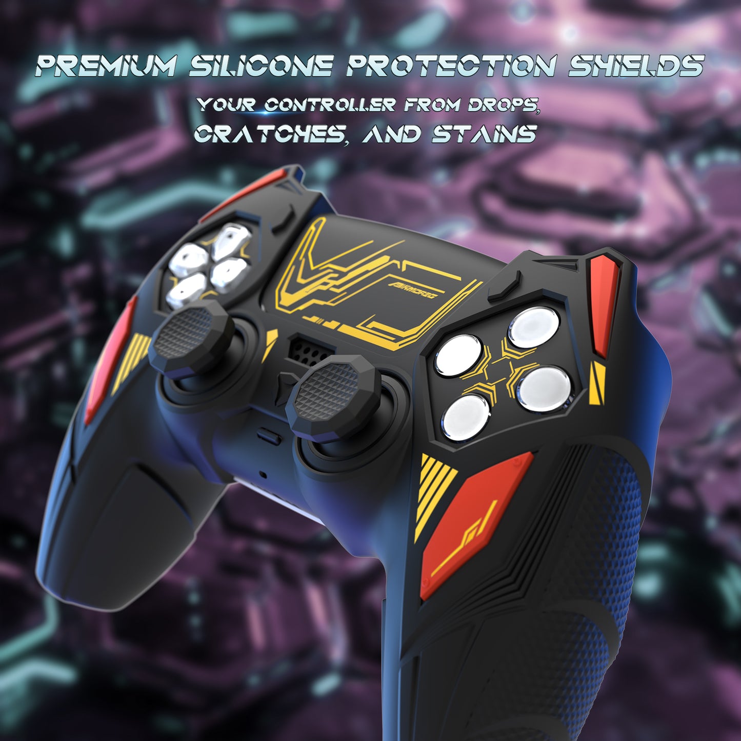 PlayVital メカライノ シリコンカバー PS5用(サムグリップ&ステッカー付き)充電ドック対応【ブラック&コーションレッド】