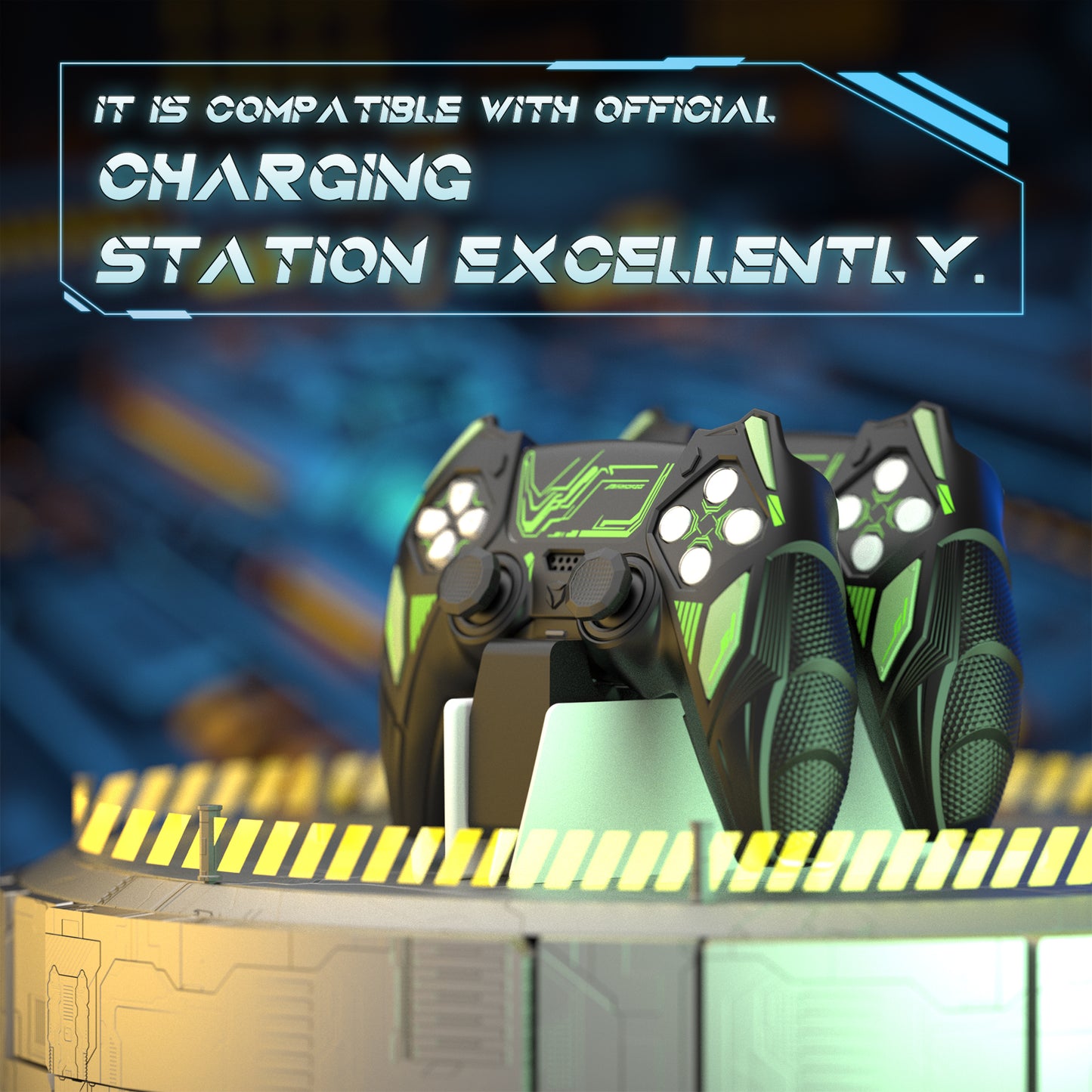 PlayVital メカライノ シリコンカバー PS5用(サムグリップ&ステッカー付き)充電ドック対応【ブラック&グリーン】
