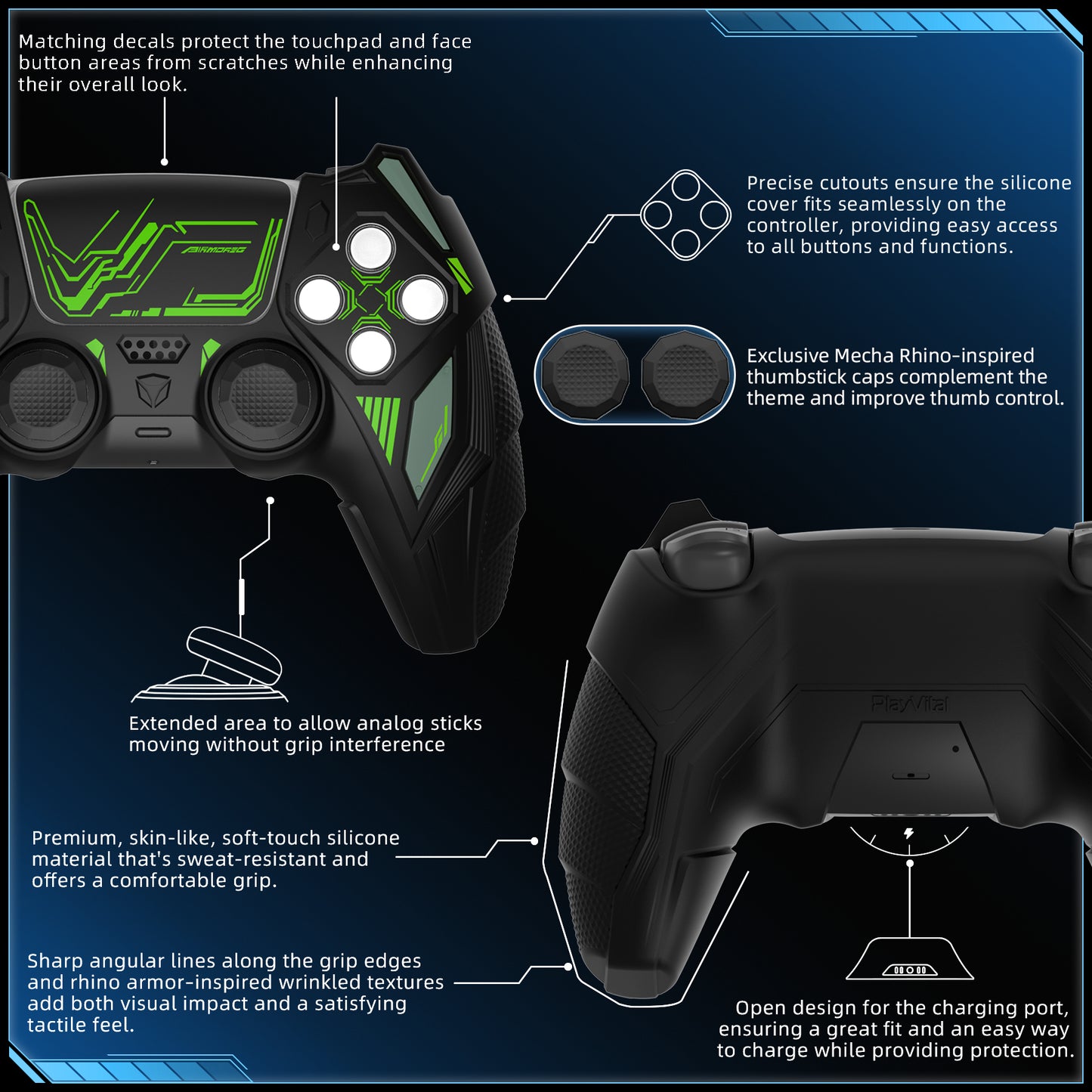 PlayVital メカライノ シリコンカバー PS5用(サムグリップ&ステッカー付き)充電ドック対応【ブラック&グリーン】