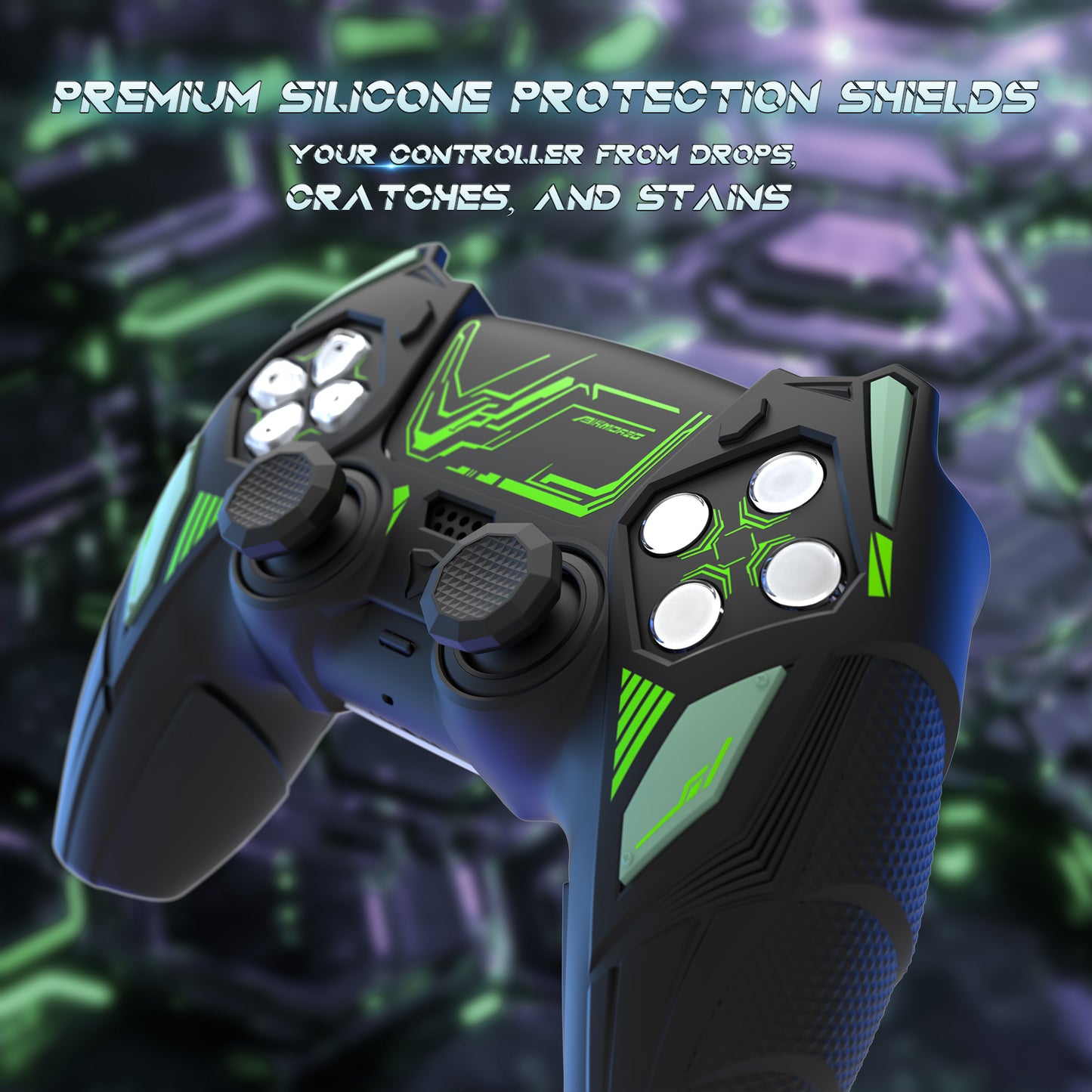 PlayVital メカライノ シリコンカバー PS5用(サムグリップ&ステッカー付き)充電ドック対応【ブラック&グリーン】