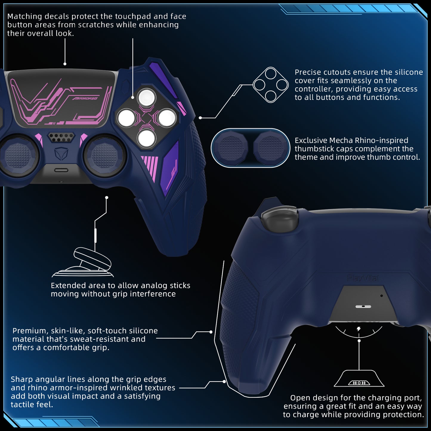 PlayVital メカライノ シリコンカバー PS5用(サムグリップ&ステッカー付き)充電ドック対応【ミッドナイトブルー&パープル】