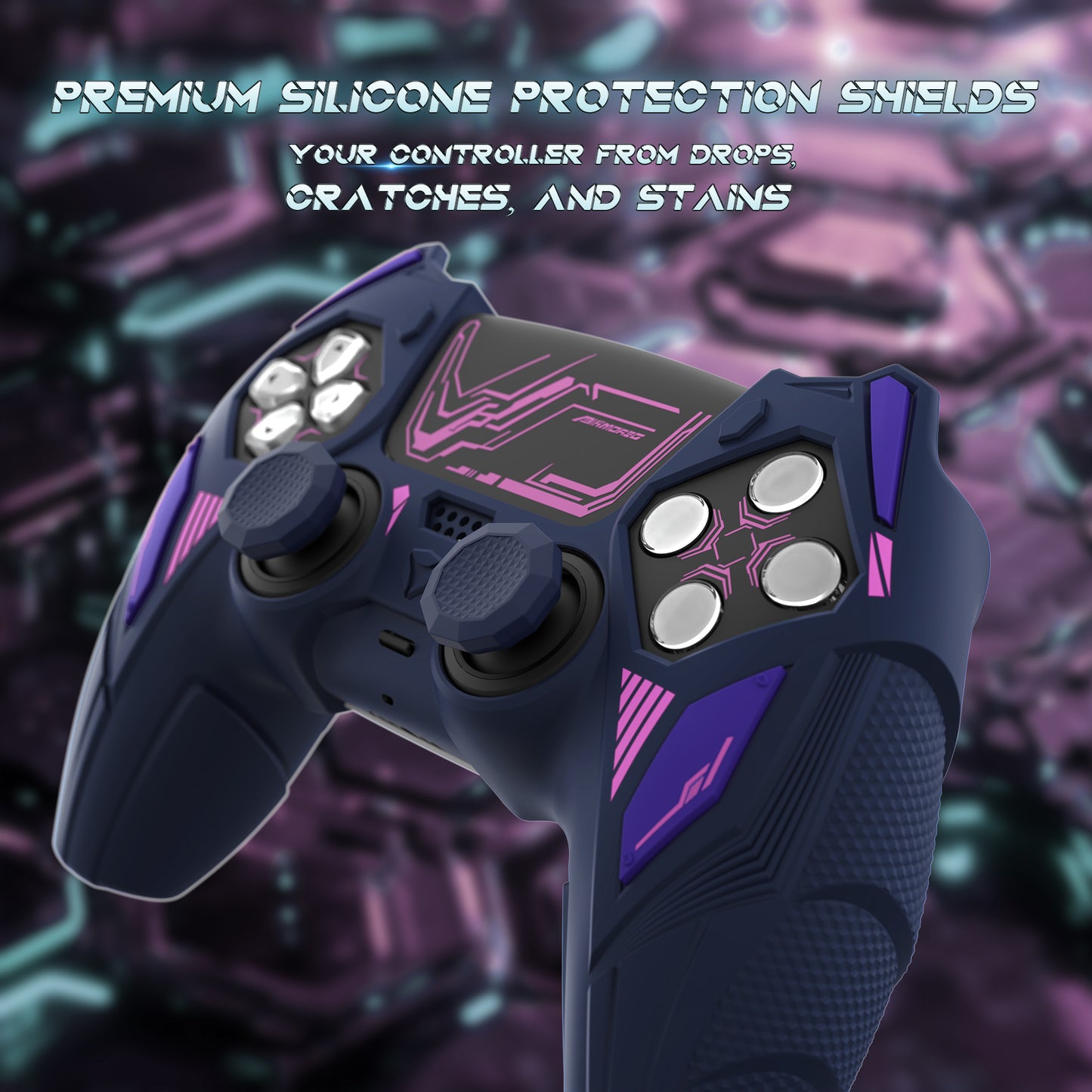 PlayVital メカライノ シリコンカバー PS5用(サムグリップ&ステッカー付き)充電ドック対応【ミッドナイトブルー&パープル】