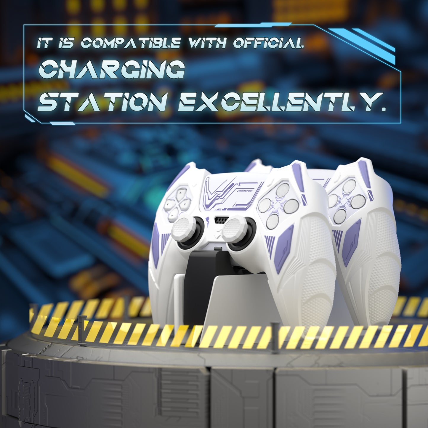 PlayVital メカライノ シリコンカバー PS5用(サムグリップ&ステッカー付き)充電ドック対応【ホワイト&ライトバイオレット】