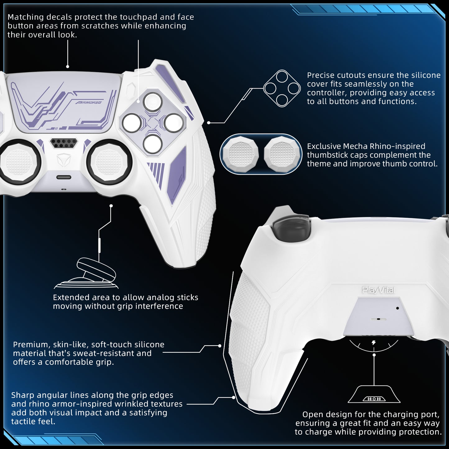 PlayVital メカライノ シリコンカバー PS5用(サムグリップ&ステッカー付き)充電ドック対応【ホワイト&ライトバイオレット】