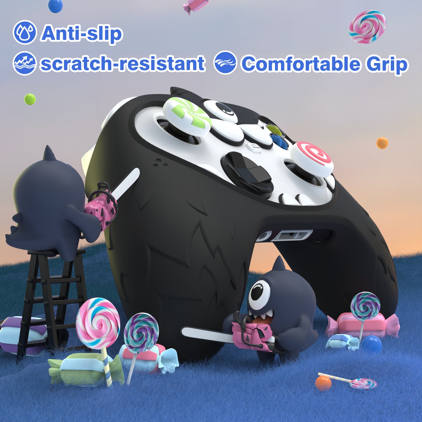 PlayVital MonoEye Monster キュートシリコンカバー for Xbox Series X/S コントローラー、ジョイスティックキャップとステッカー付き Xbox Core コントローラーグリップケース【ブラック】