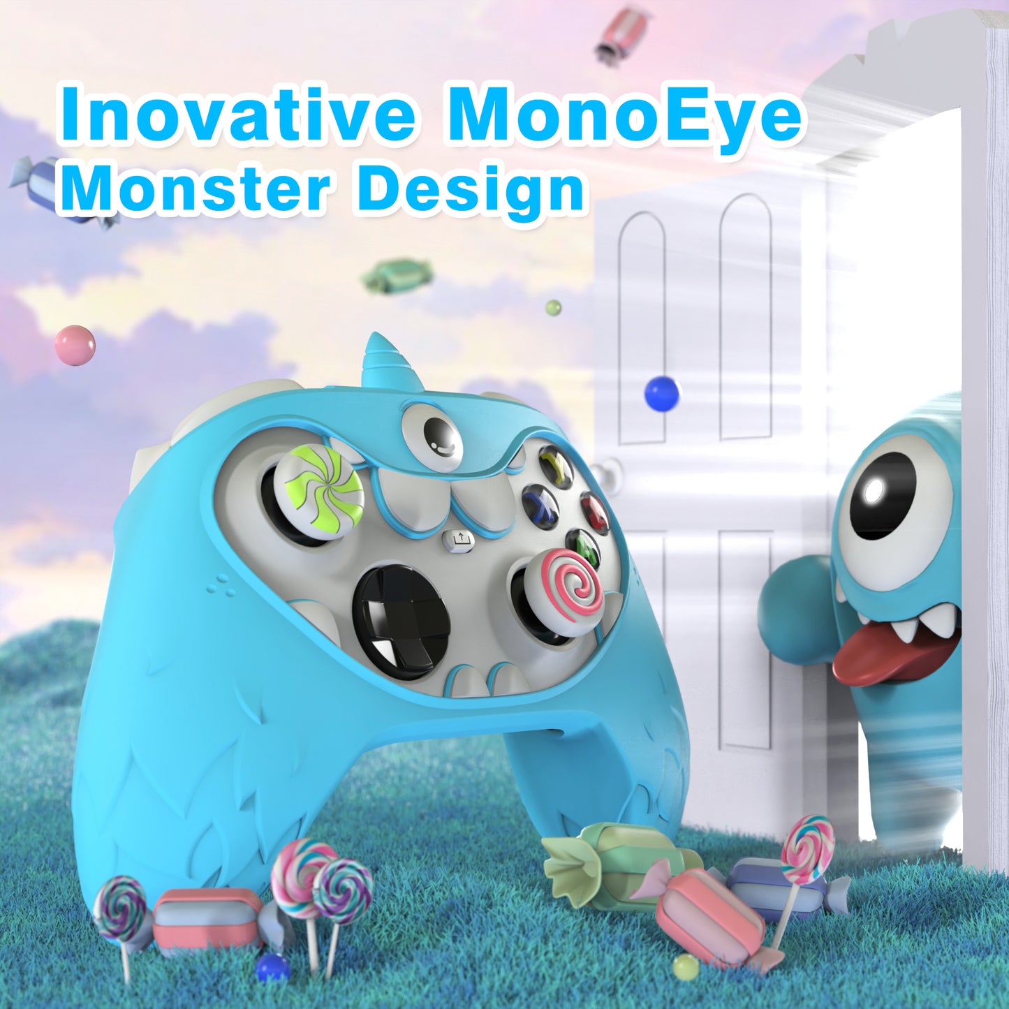 PlayVital MonoEye Monster キュートシリコンカバー for Xbox Series X/S コントローラー、ジョイスティックキャップとステッカー付き Xbox Core コントローラーグリップケース【ブルー】