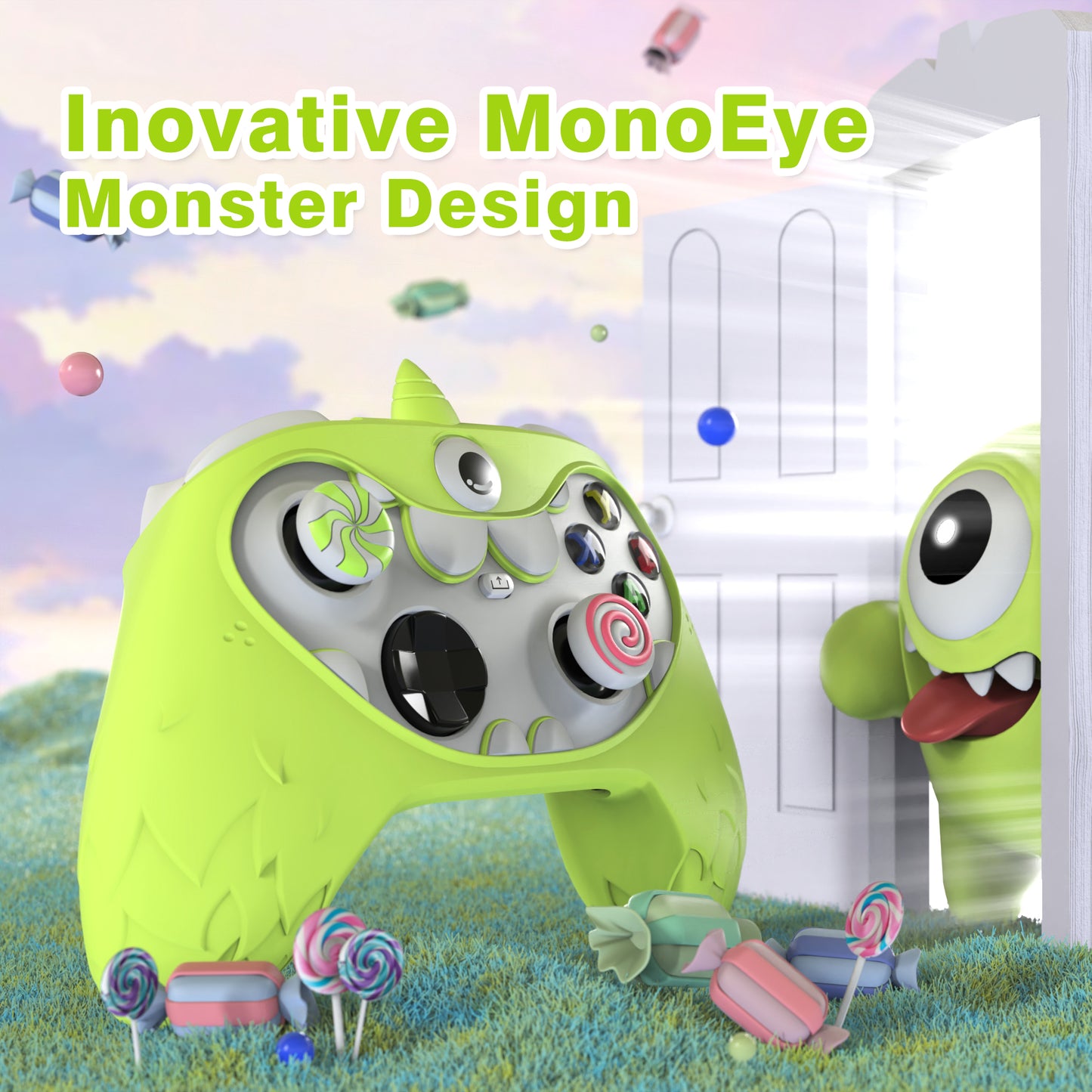 PlayVital MonoEye Monster キュートシリコンカバー for Xbox Series X/S コントローラー、ジョイスティックキャップとステッカー付き Xbox Core コントローラーグリップケース 【グリーン】