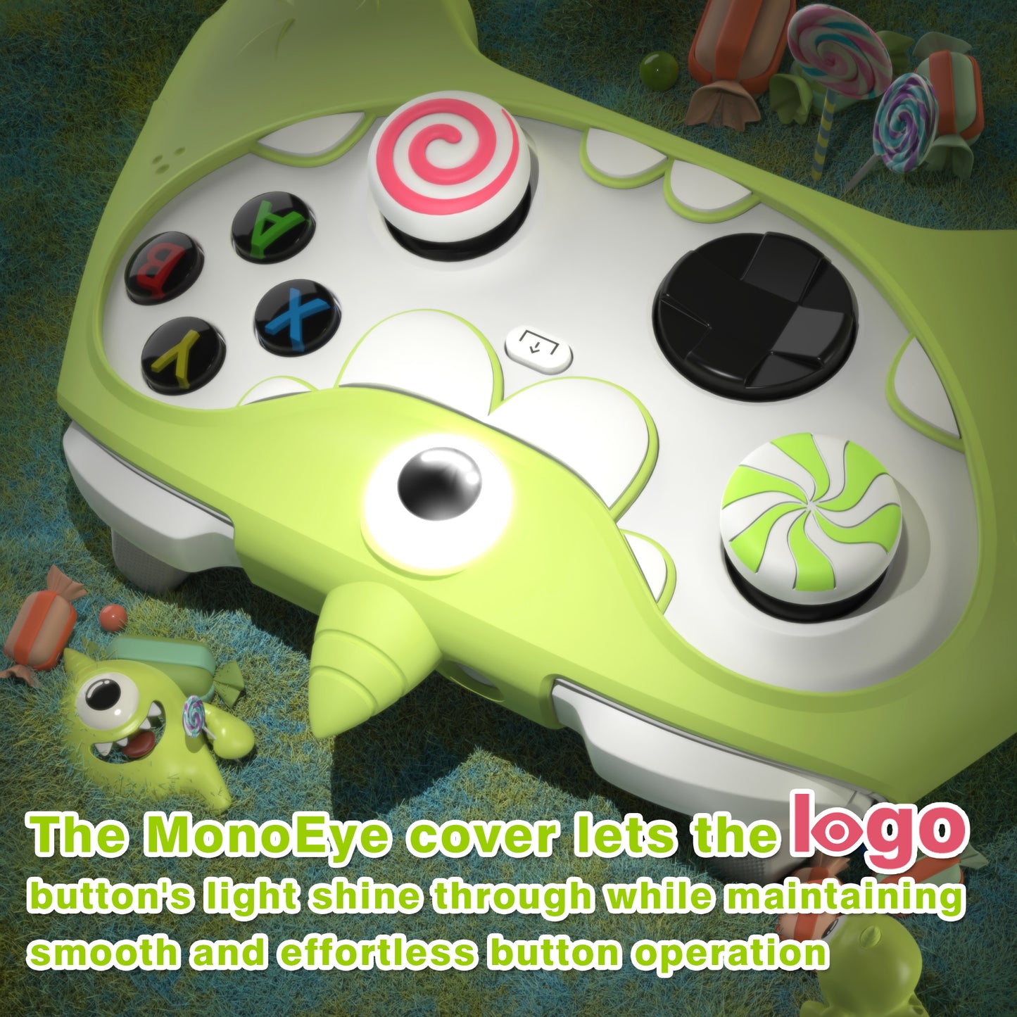 PlayVital MonoEye Monster キュートシリコンカバー for Xbox Series X/S コントローラー、ジョイスティックキャップとステッカー付き Xbox Core コントローラーグリップケース 【グリーン】