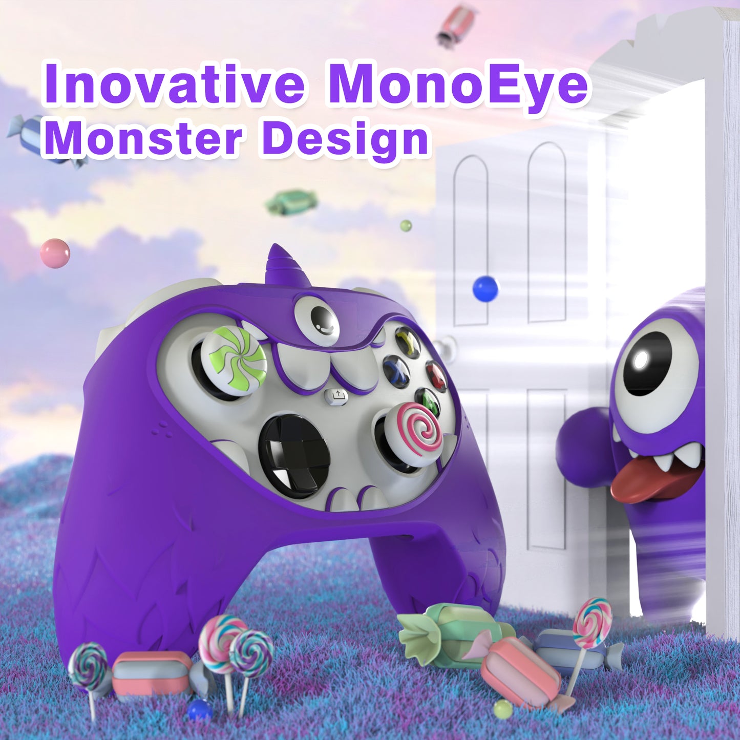 PlayVital MonoEye Monster キュートシリコンカバー for Xbox Series X/S コントローラー、ジョイスティックキャップとステッカー付き Xbox Core コントローラーグリップケース【パープル】