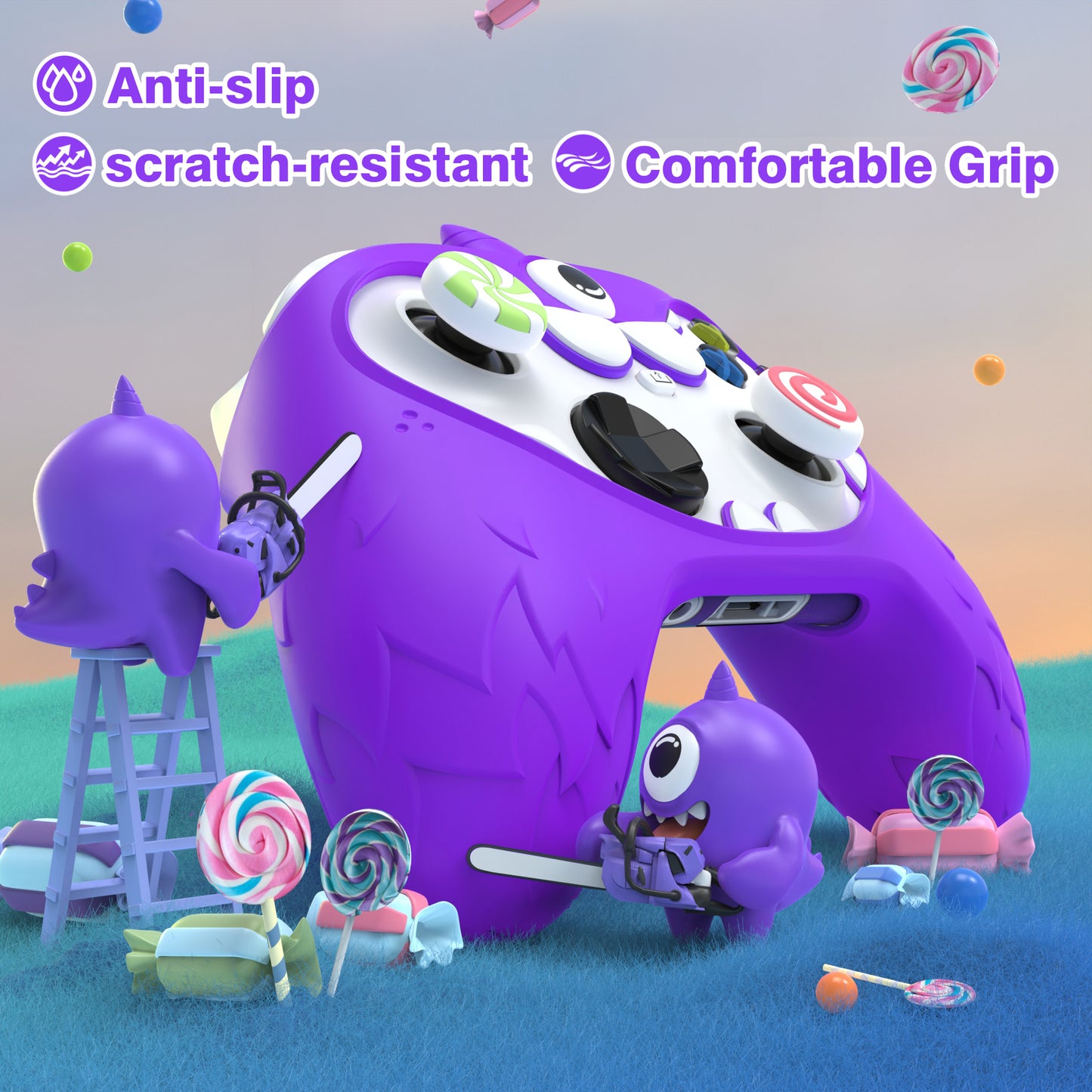 PlayVital MonoEye Monster キュートシリコンカバー for Xbox Series X/S コントローラー、ジョイスティックキャップとステッカー付き Xbox Core コントローラーグリップケース【パープル】