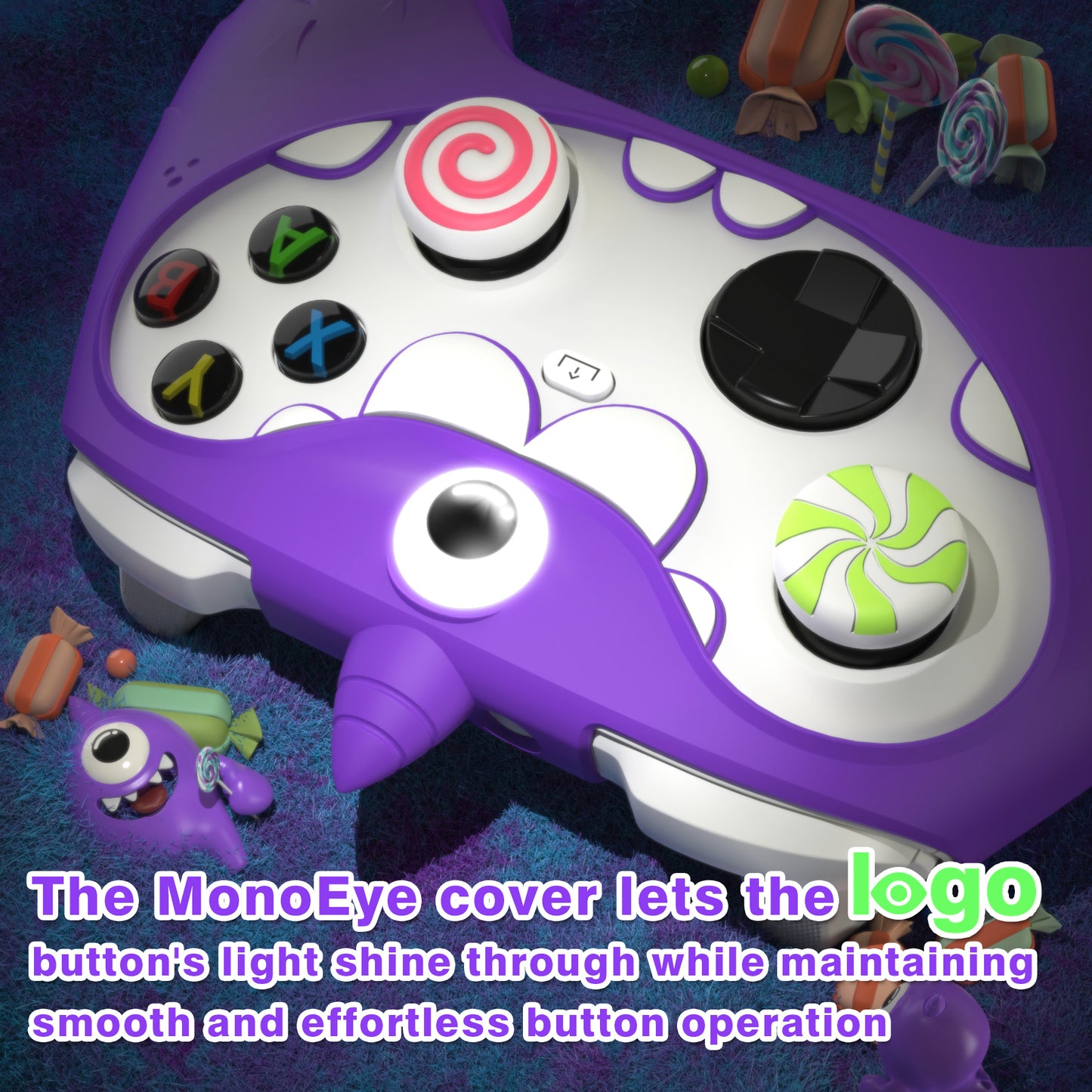 PlayVital MonoEye Monster キュートシリコンカバー for Xbox Series X/S コントローラー、ジョイスティックキャップとステッカー付き Xbox Core コントローラーグリップケース【パープル】