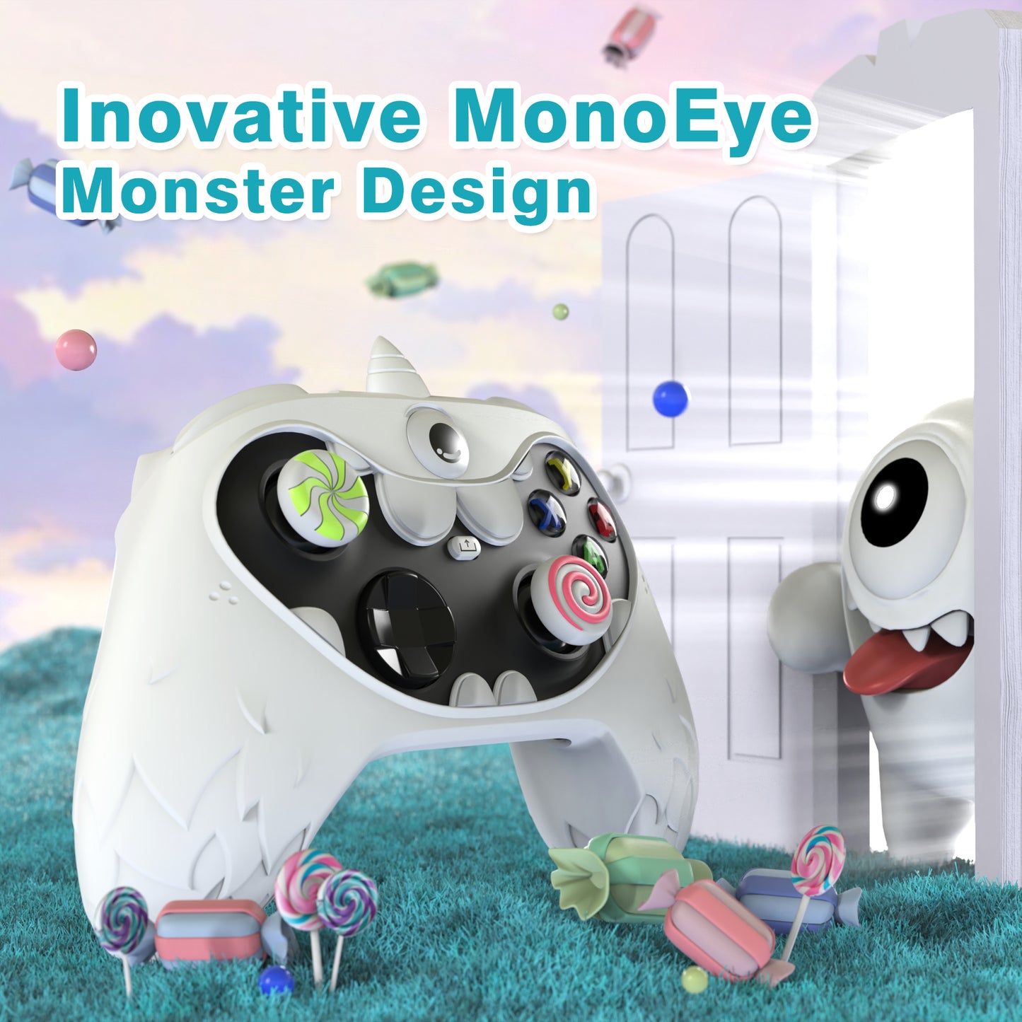 PlayVital MonoEye Monster キュートシリコンカバー for Xbox Series X/S コントローラー、ジョイスティックキャップとステッカー付き Xbox Core コントローラーグリップケース 【ホワイト】