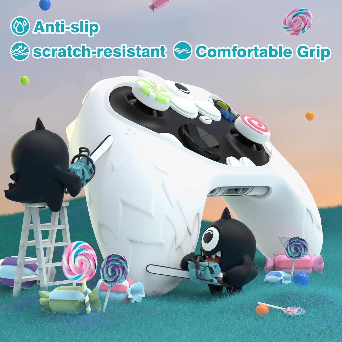 PlayVital MonoEye Monster キュートシリコンカバー for Xbox Series X/S コントローラー、ジョイスティックキャップとステッカー付き Xbox Core コントローラーグリップケース 【ホワイト】