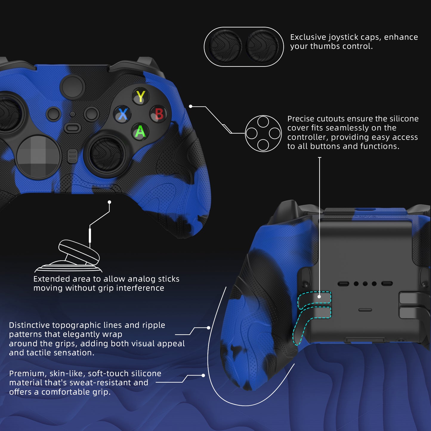 PlayVital マウンテンレンジエディション シリコングリップカバー(サムグリップ付き) Xbox Elite Series 2 コントローラー& Xbox Elite Series 2 コアコントローラー用【ブルー & ブラック】