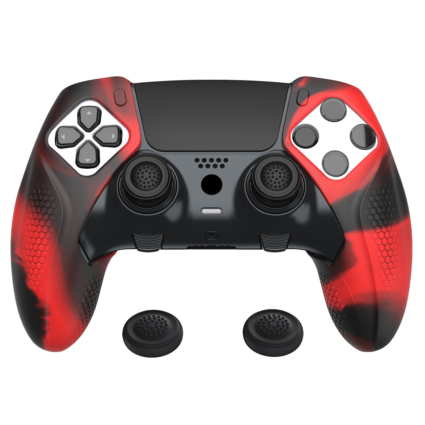 PlayVital Ninja Edition 滑り止めハーフカバーシリコンカバースキン サムグリップキャップ付き PS5 Edge コントローラー用 【レッド & ブラック】