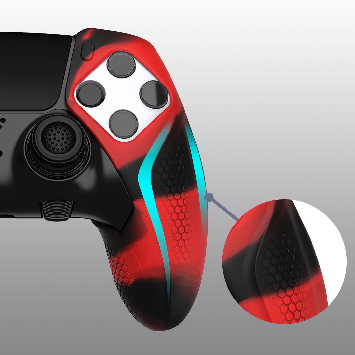PlayVital Ninja Edition 滑り止めハーフカバーシリコンカバースキン サムグリップキャップ付き PS5 Edge コントローラー用 【レッド & ブラック】
