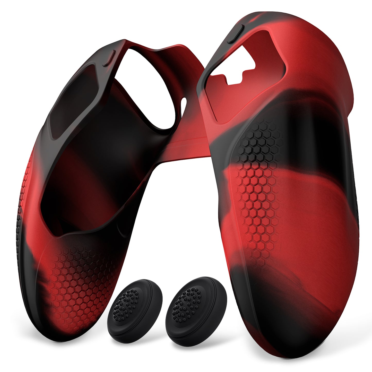 PlayVital Ninja Edition 滑り止めハーフカバーシリコンカバースキン サムグリップキャップ付き PS5 Edge コントローラー用 【レッド & ブラック】