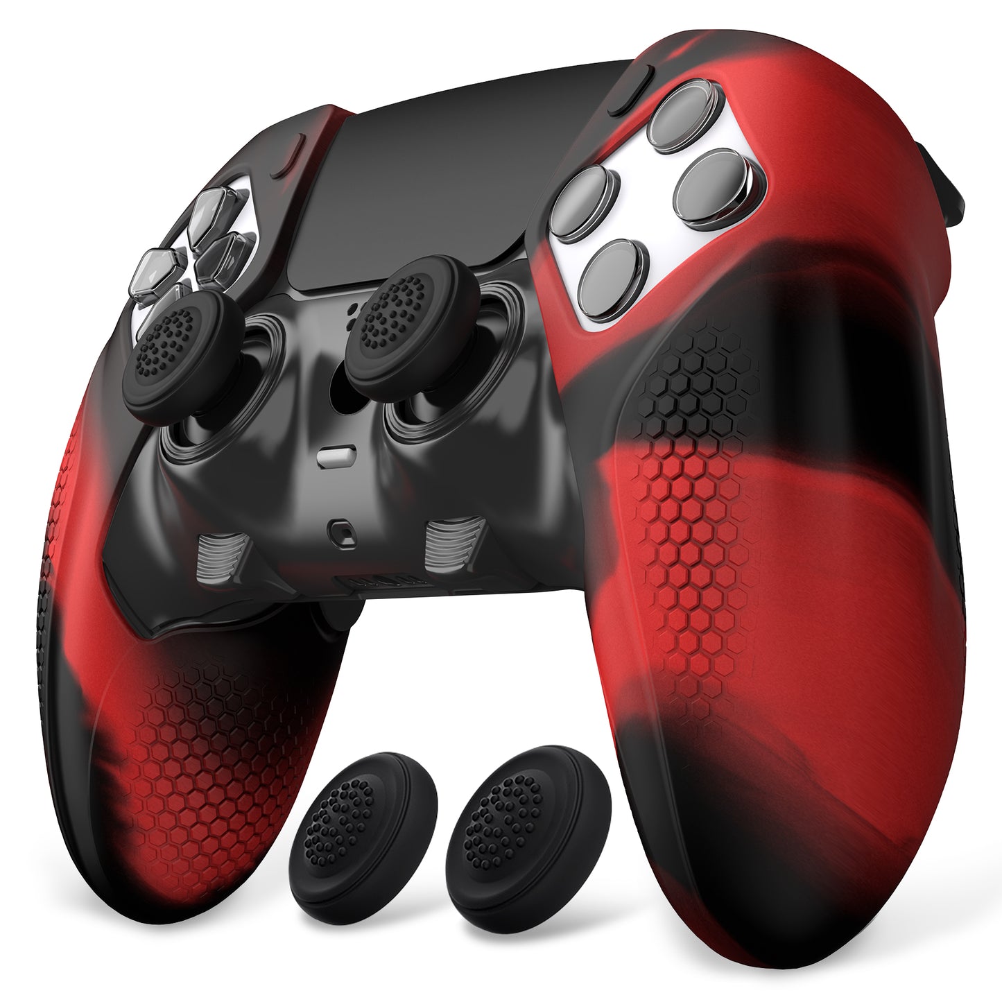PlayVital Ninja Edition 滑り止めハーフカバーシリコンカバースキン サムグリップキャップ付き PS5 Edge コントローラー用 【レッド & ブラック】