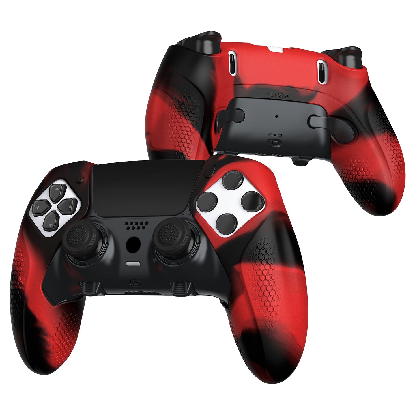 PlayVital Ninja Edition 滑り止めハーフカバーシリコンカバースキン サムグリップキャップ付き PS5 Edge コントローラー用 【レッド & ブラック】