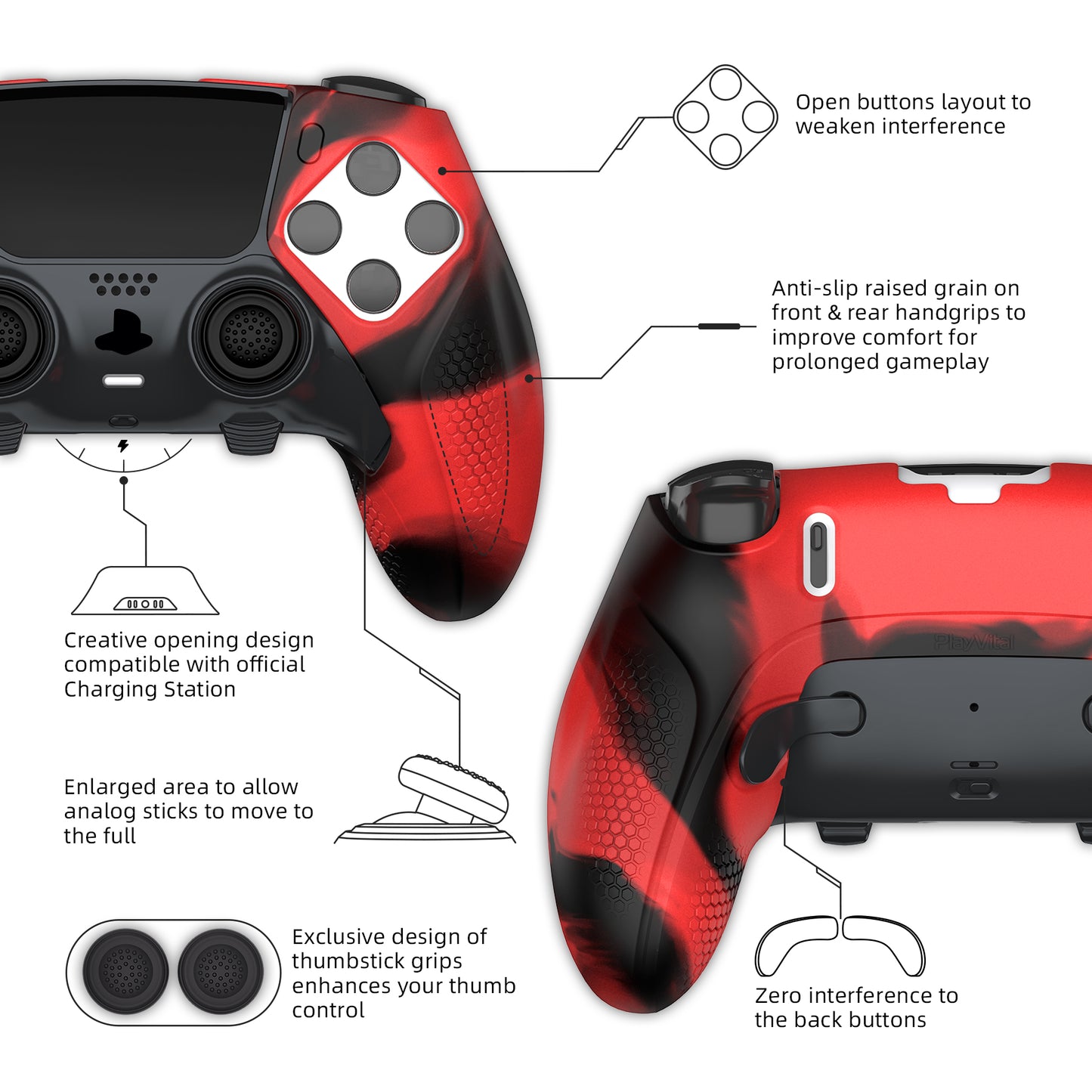 PlayVital Ninja Edition 滑り止めハーフカバーシリコンカバースキン サムグリップキャップ付き PS5 Edge コントローラー用 【レッド & ブラック】