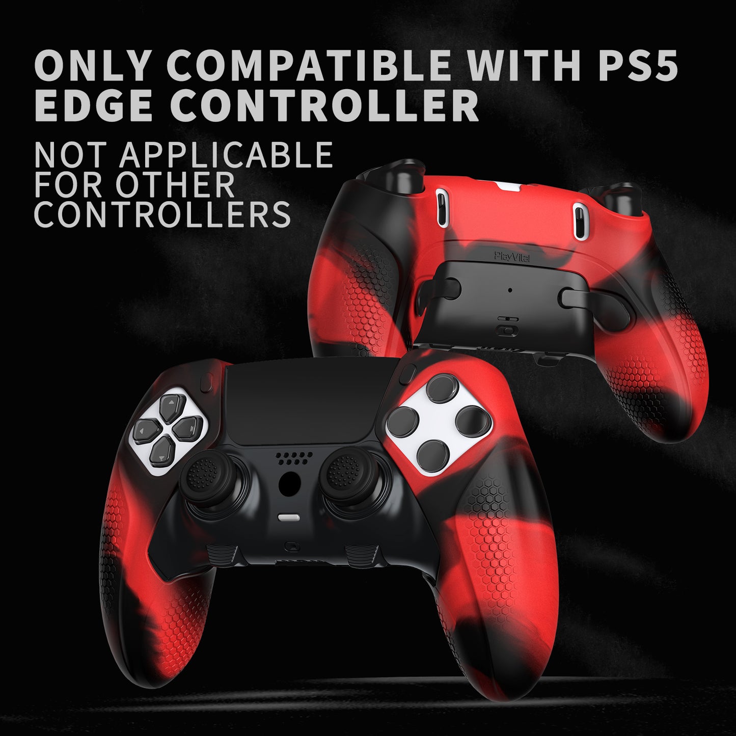 PlayVital Ninja Edition 滑り止めハーフカバーシリコンカバースキン サムグリップキャップ付き PS5 Edge コントローラー用 【レッド & ブラック】