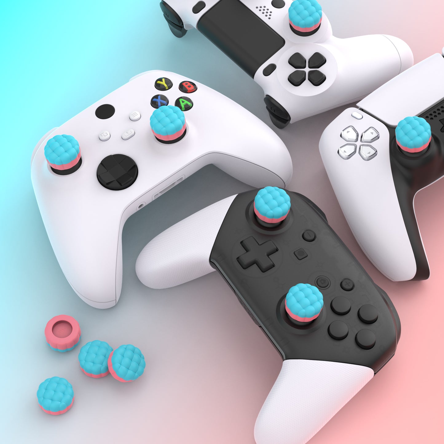 PlayVital パフクラウドテクスチャデザイン サムクッション グリップキャップ PS5 & PS4 & Switch Pro & Xbox Series X/S & Xbox Elite Series 2 & Xbox One & Xbox Core ワイヤレスコントローラー対応【 アクアブルー&コーラルピンク】