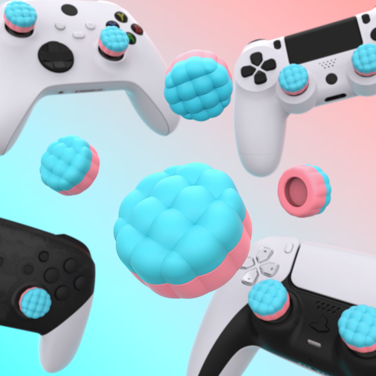 PlayVital パフクラウドテクスチャデザイン サムクッション グリップキャップ PS5 & PS4 & Switch Pro & Xbox Series X/S & Xbox Elite Series 2 & Xbox One & Xbox Core ワイヤレスコントローラー対応【 アクアブルー&コーラルピンク】