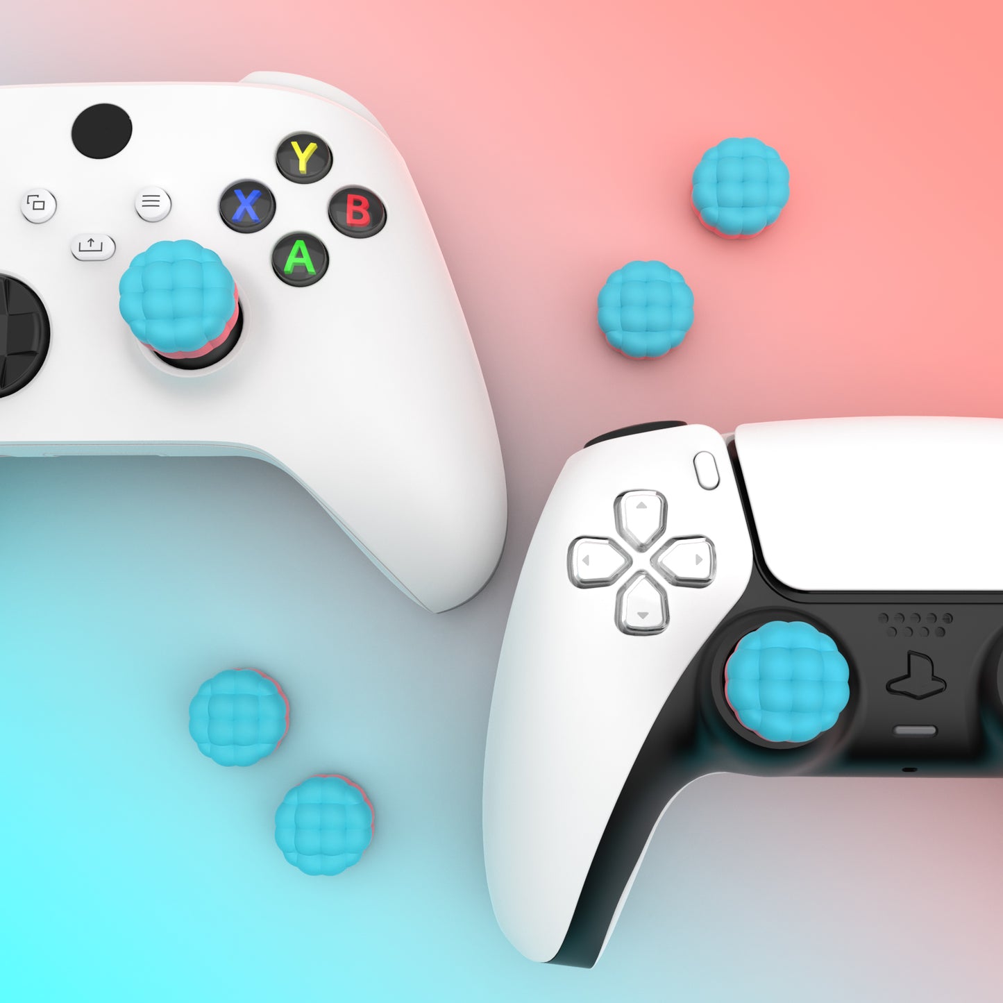PlayVital パフクラウドテクスチャデザイン サムクッション グリップキャップ PS5 & PS4 & Switch Pro & Xbox Series X/S & Xbox Elite Series 2 & Xbox One & Xbox Core ワイヤレスコントローラー対応【 アクアブルー&コーラルピンク】
