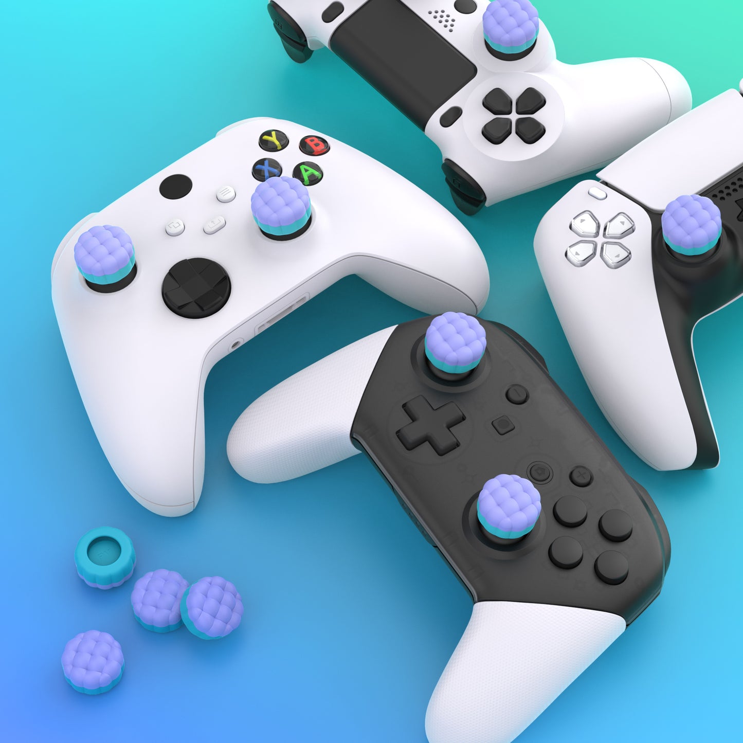 PlayVital パフクラウドテクスチャデザイン サムクッション グリップキャップ PS5 & PS4 & Switch Pro & Xbox Series X/S & Xbox Elite Series 2 & Xbox One & Xbox Core ワイヤレスコントローラー対応【ライトパープル&アクアブルー】