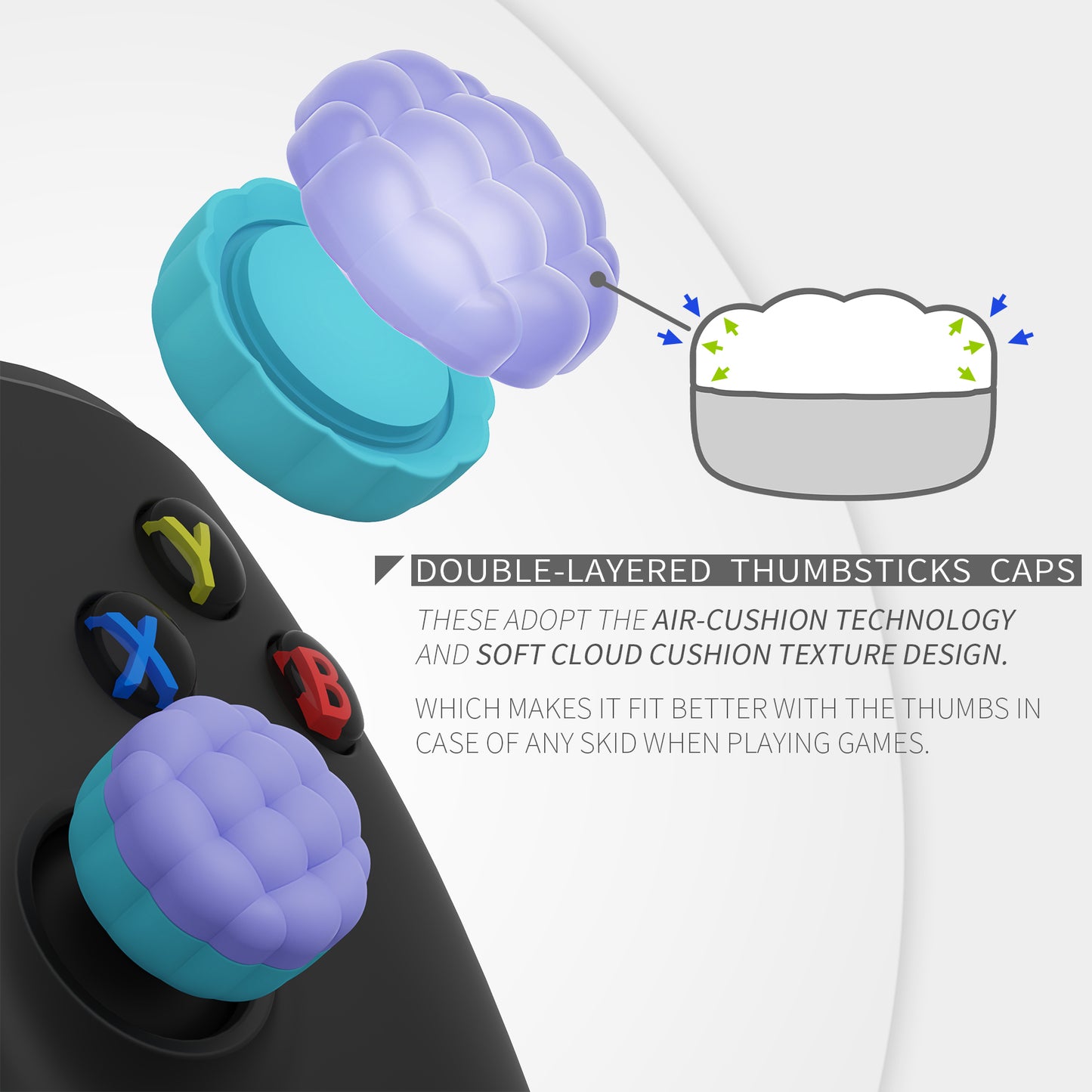 PlayVital パフクラウドテクスチャデザイン サムクッション グリップキャップ PS5 & PS4 & Switch Pro & Xbox Series X/S & Xbox Elite Series 2 & Xbox One & Xbox Core ワイヤレスコントローラー対応【ライトパープル&アクアブルー】
