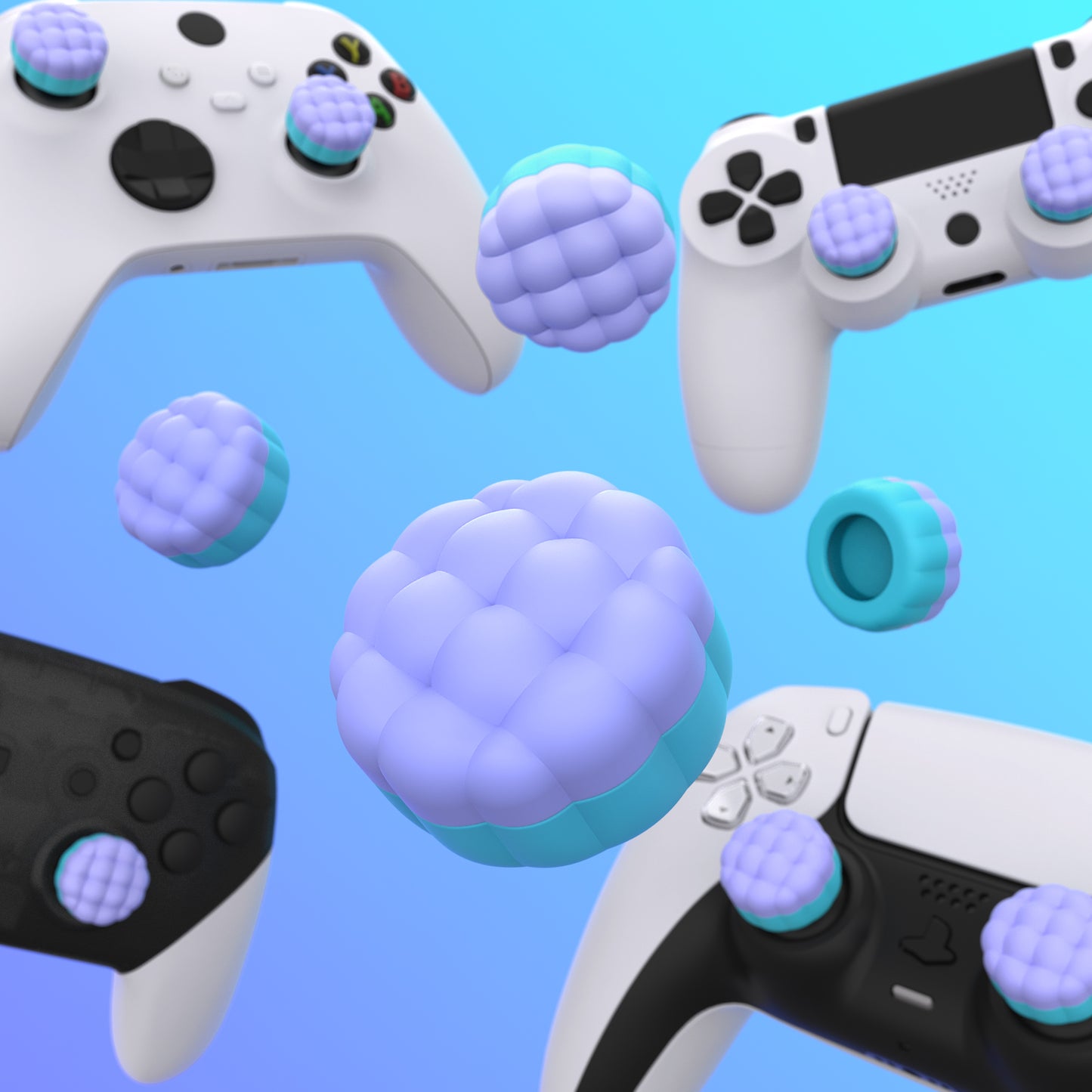 PlayVital パフクラウドテクスチャデザイン サムクッション グリップキャップ PS5 & PS4 & Switch Pro & Xbox Series X/S & Xbox Elite Series 2 & Xbox One & Xbox Core ワイヤレスコントローラー対応【ライトパープル&アクアブルー】