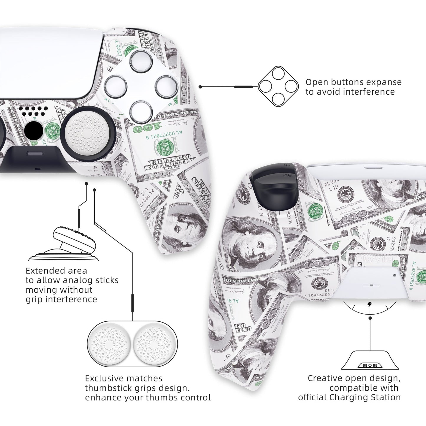 PlayVital Pure Series Dockable Model Anti-Slip Silicone Cover Skin with Thumb Grip Caps for PS5 Wireless Controller - Compatible with Charging Station - 100 Cash Money Dollar - EKPFS001 PlayVital