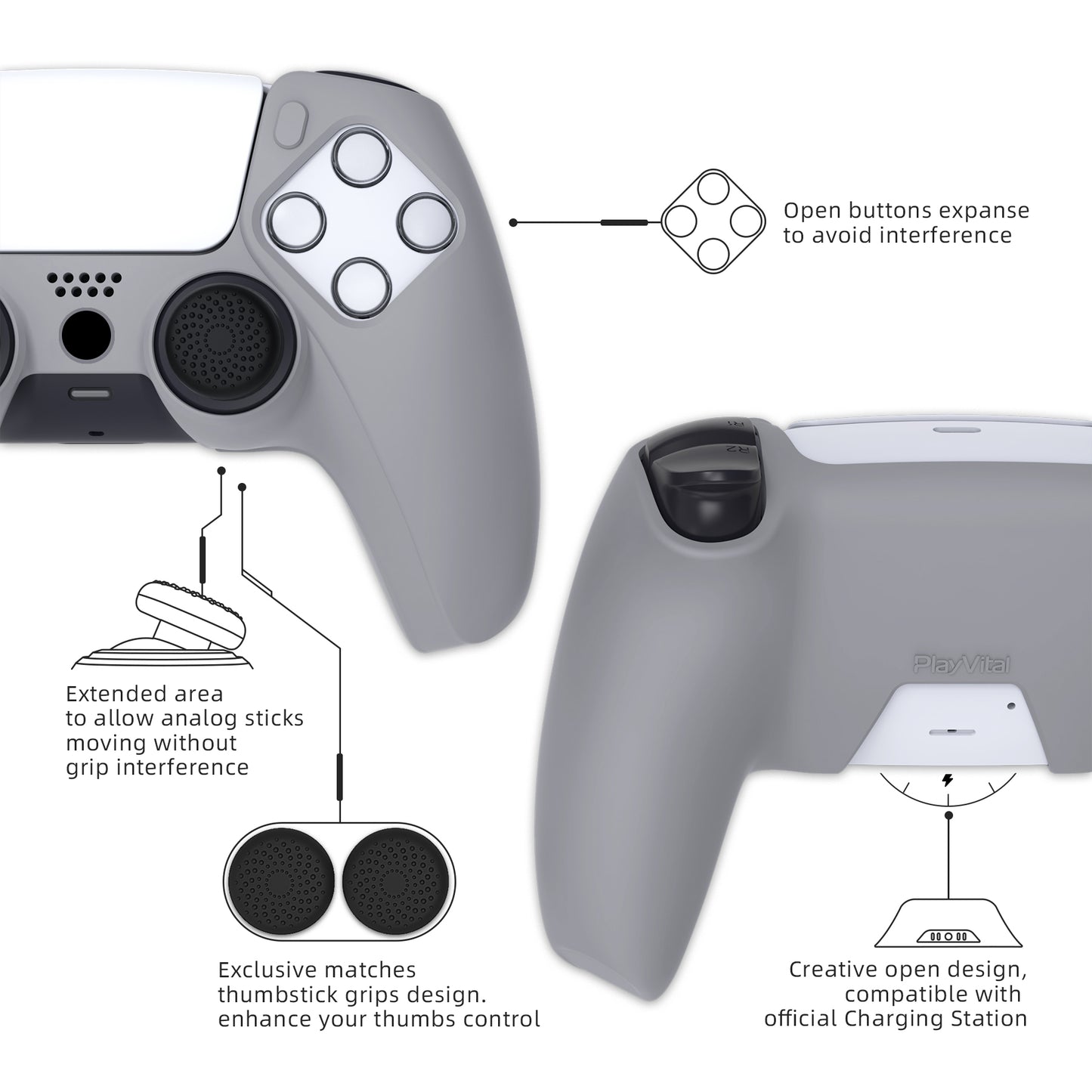 PlayVital Pure シリーズ ドッキング可能モデル 滑り止めシリコンカバースキン 親指グリップキャップ付き PS5 ワイヤレスコントローラー用 - 充電ステーション対応 【ダークグレー】