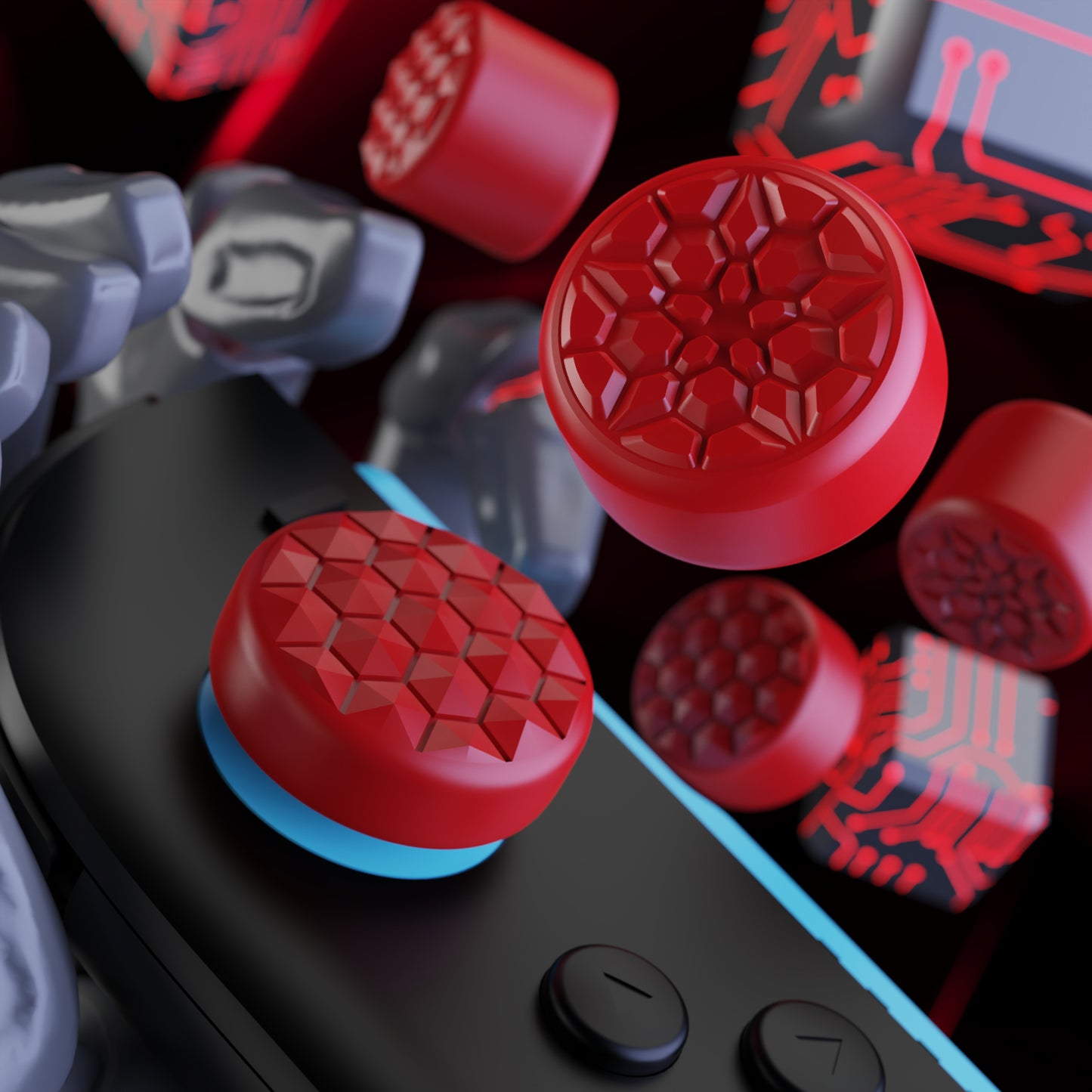 PlayVital QUANTUM Pro 2025年新型Switch 2対応用エルゴノミック親指グリップキャップ 3段階高さ(凸型・凹型)調整対応 エイム精度向上 ダイヤモンドテクスチャ&クラックボムデザイン【レッド】
