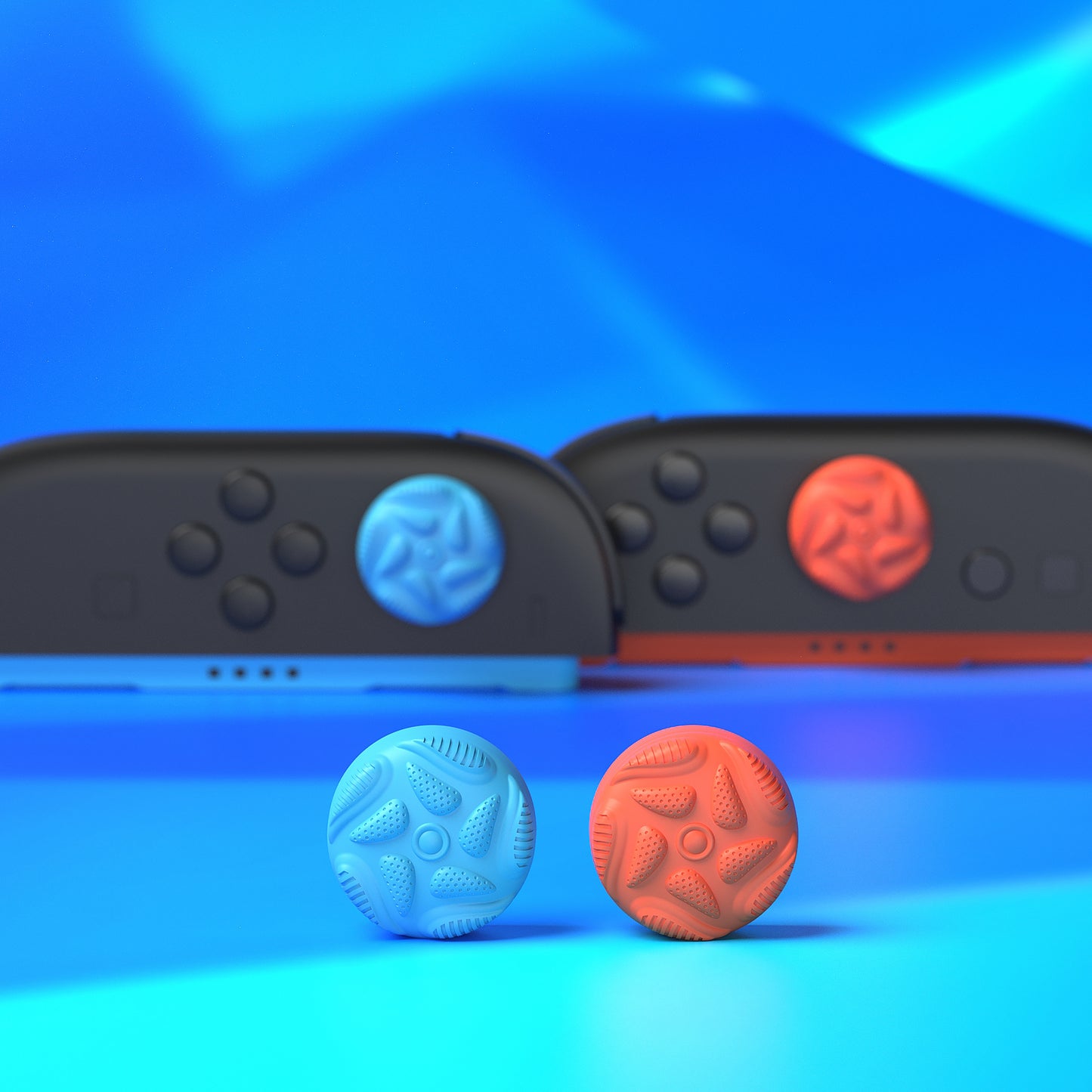 PlayVital Raindrop Texture Design サムクッションキャップ サムグリップ (4個セット) for Switch 2、Nintendo Switch 2 Joycon 用 Anti-Slip Raindrop Texture Design シリコンジョイスティックグリップカバー【ブルー&オレンジ】