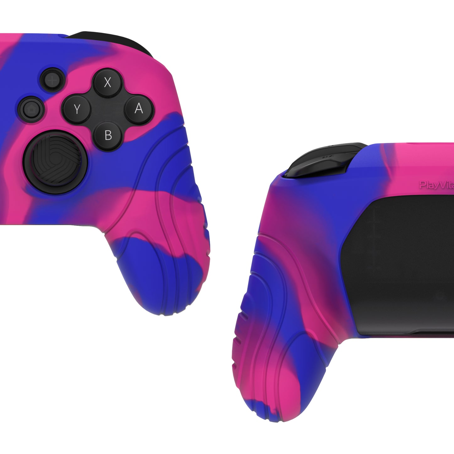 PlayVital Samurai Edition 人間工学に基づいた滑り止めシリコンスキン保護ケース 親指グリップキャップ付き Nintendo Switch Pro コントローラー用【ピンク&パープル&ブルー】